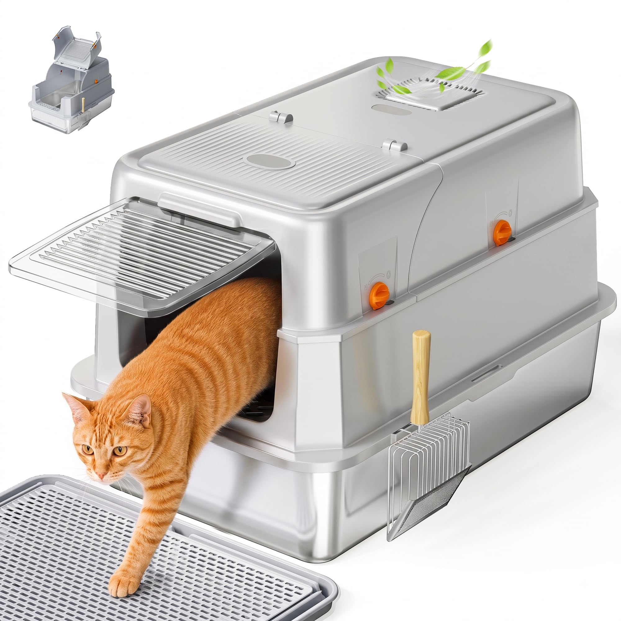 Katzenklo Edelstahl mit 180° Deckel, Doppelmatte, Metall Schaufel | XXL Katzenklo mit Aktivkohlefilter, Hoher Rand, Auslaufsicher Katzenklo, Leicht zu Reinigen, Geruchsfrei, für alle Katzen