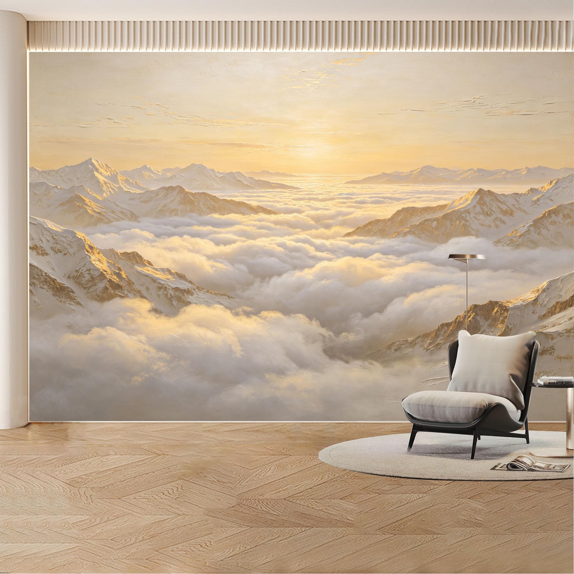 Custom Wall Mural Wallpaper Snowy Mountain Peaks Above Clouds， Landscape Nature Modern 3D Effect， Luxury Sunset Misty for Living Room， Bedroom， Office