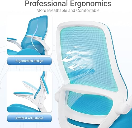 Vista 5 de HYLONE Silla de dibujo alta de oficina con reposabrazos abatibles, silla ergonómica para computadora con soporte lumbar, reposapiés ajustable, Azul