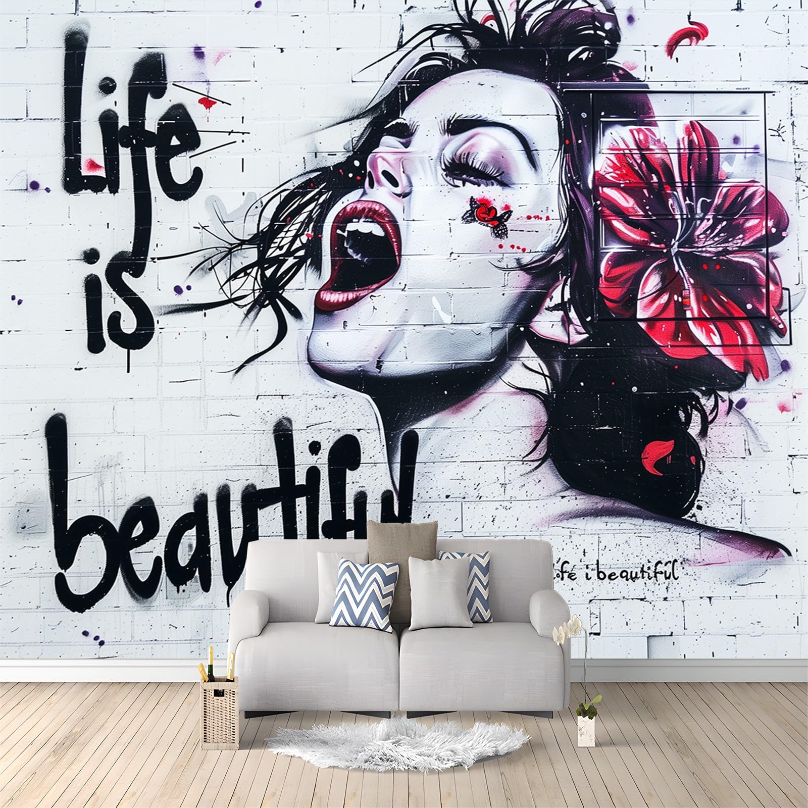Fototapete Frauenkopf Mit Blumen Im Haar, Schwarzer Graffiti-Text Tapete 200 x 140 cm Vlies Tapeten 3D Wanddeko Wallpaper Wandtapete Dekoration