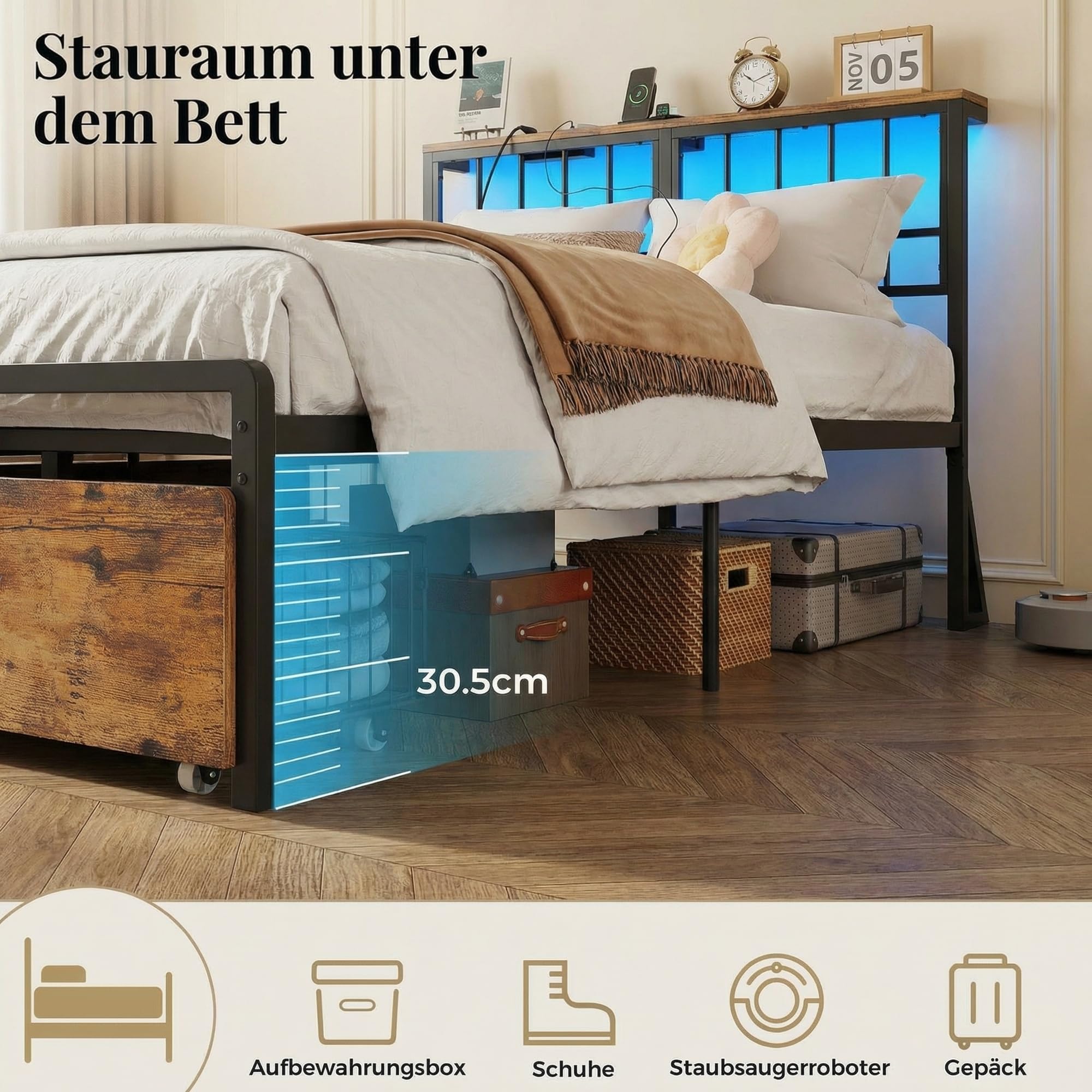 IRONCK Letto 120 x 200 cm con Illuminazione a LED, Struttura Letto 120x200 cm con 2 Cassetti, Letto Singolo con 2 Prese AC 1 Porta USB 1 Porta Type-C, con Rete a Doghe in Meta