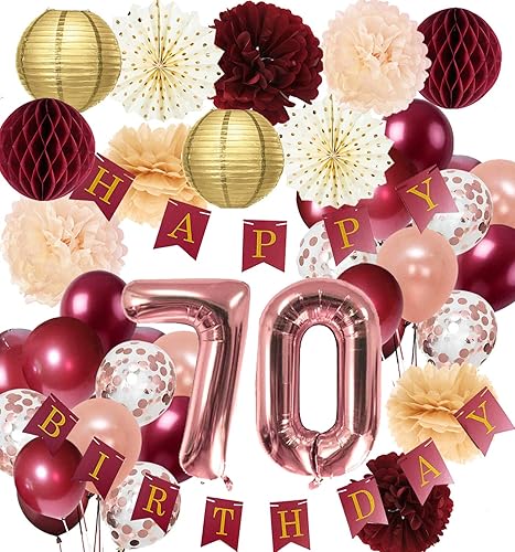 Decoraciones de cumpleaños número 70 para mujer, decoración de fiesta de cumpleaños número 70, color burdeos y oro rosa, decoración de cumpleaños