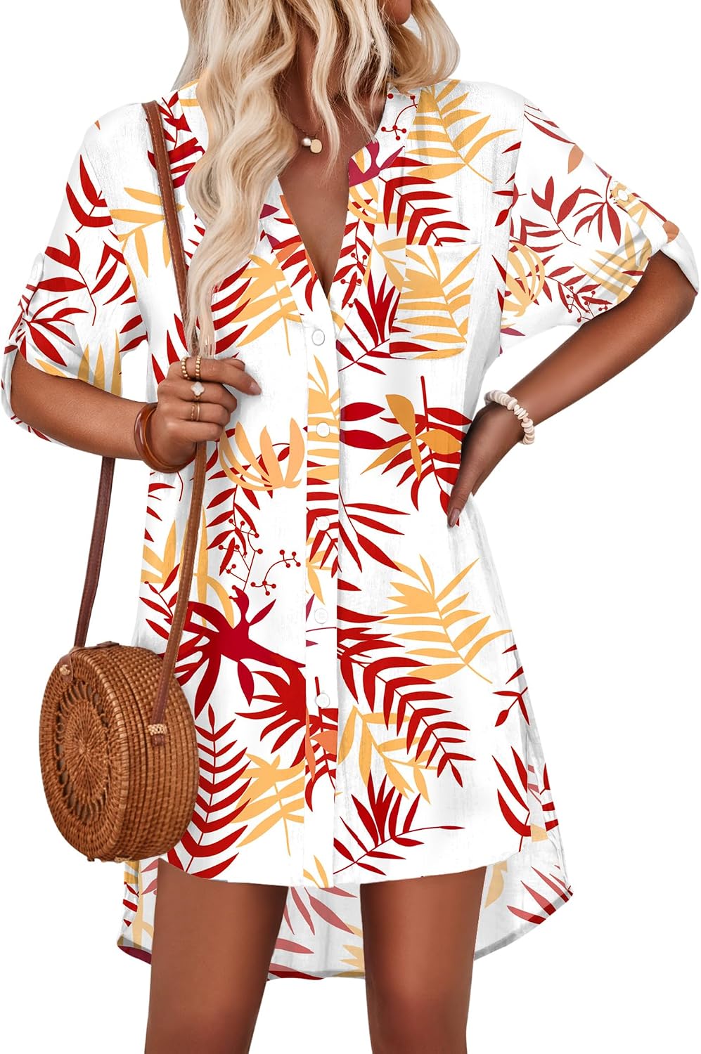 AI'MAGE Women's Swimsuit Cover Ups Shirt V-Neck Button Down Bathing Suit Coverups Beach Tunic Top S-3XL