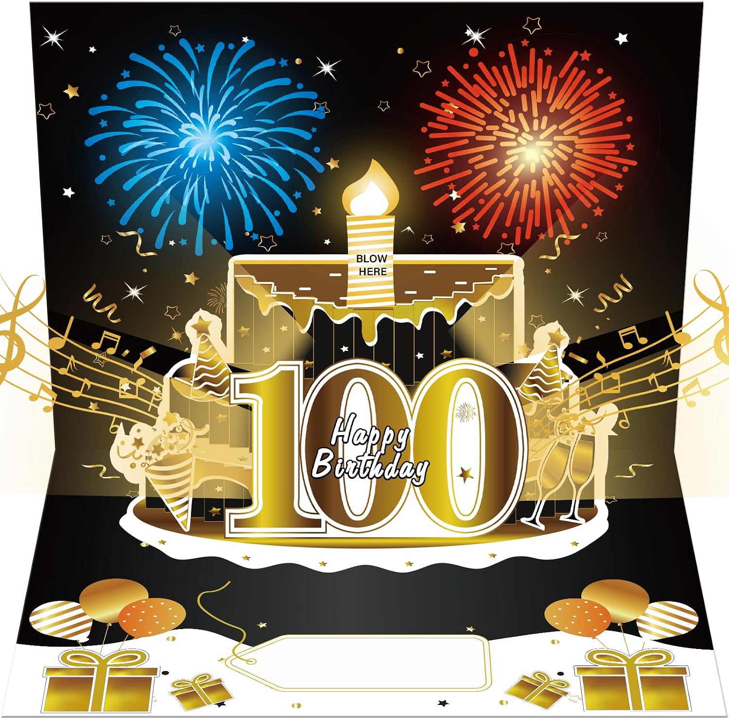 Turypaty Happy 100th Birthday Music Card Gift Pop Up 3D Cake Firework Light