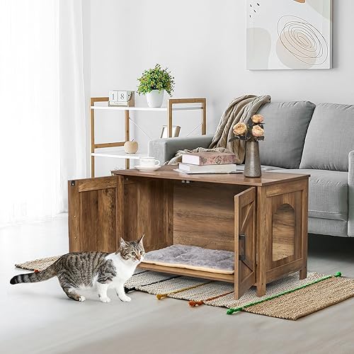 Miniatura 13 de Homhedy - Caja de arena para gatos, muebles de madera para baño de gatos con puerta de granero, casa para mascotas, se adapta a la mayoría de cajas
