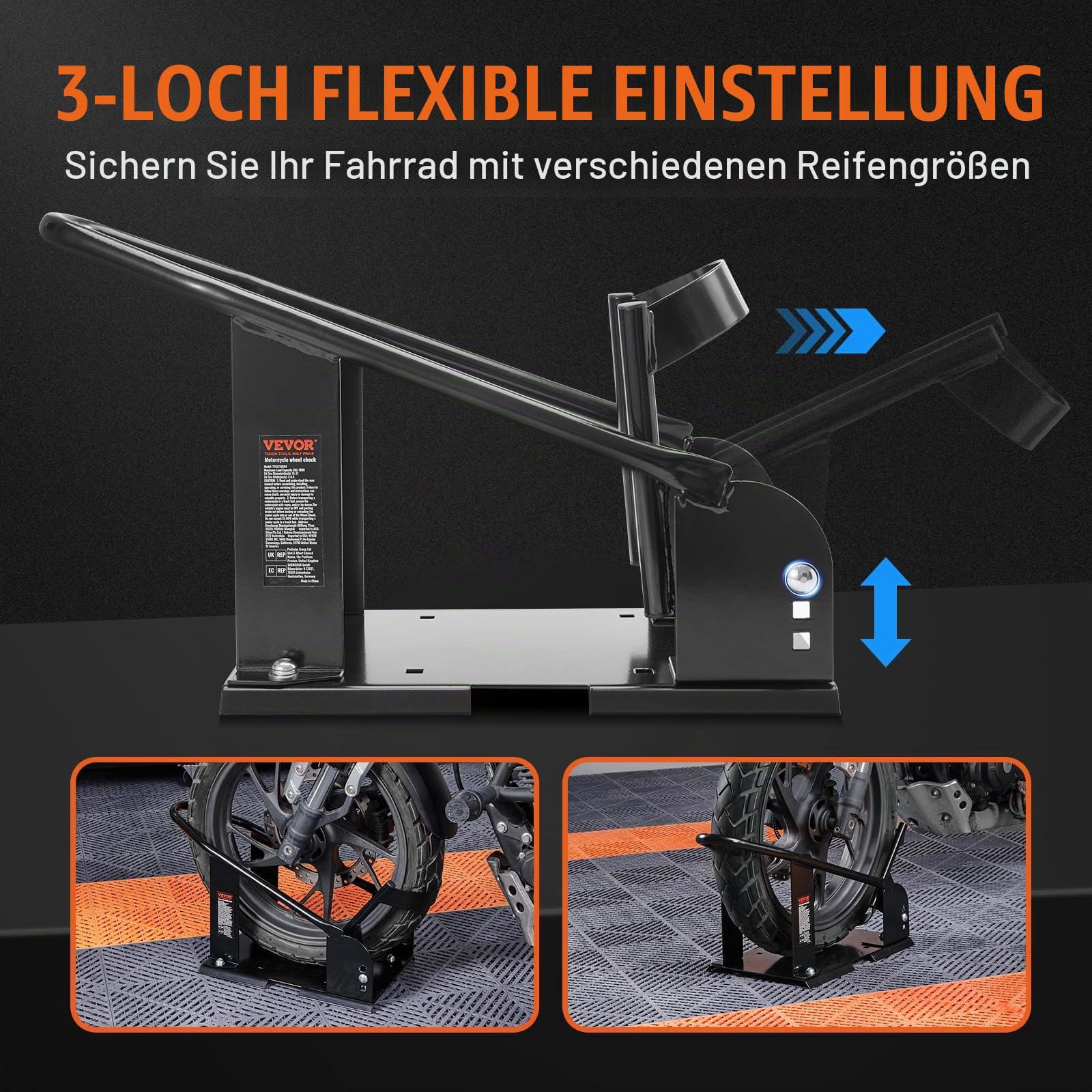 VEVOR Motorrad Radkeil, 816,5 kg Kapazität Radhalter, Hochleistungsstahl Motorrad Vorderradständer mit 3 verstellbaren Löchern, für 381–533,4 mm Off-Road Motorräder, Standard Motorräder