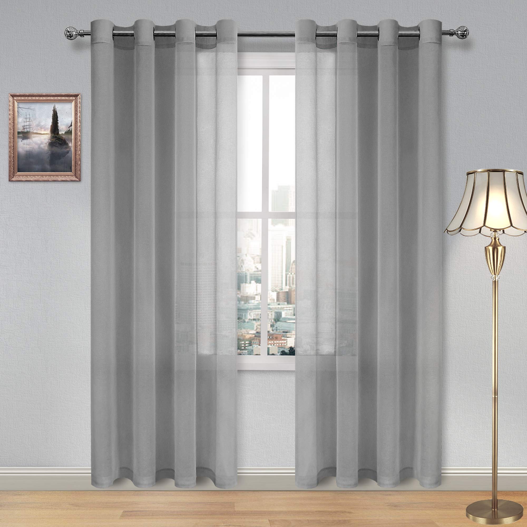 DWCN Sheer Curtains Grey Faux Linen Grommet Curtain for Bedroom 52x 90 Inches Long Set of 2 Panels,1 Pair Window Drapes for Living Room