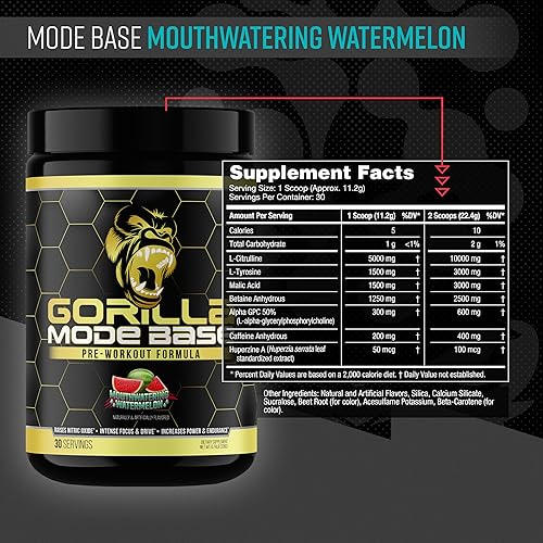 Miniatura 10 de Gorilla Mode Base - Preentrenamiento - Aumenta el óxido nítrico, enfoque y conducción intensos, resistencia, potencia, L-citrulina, L-tirosina,