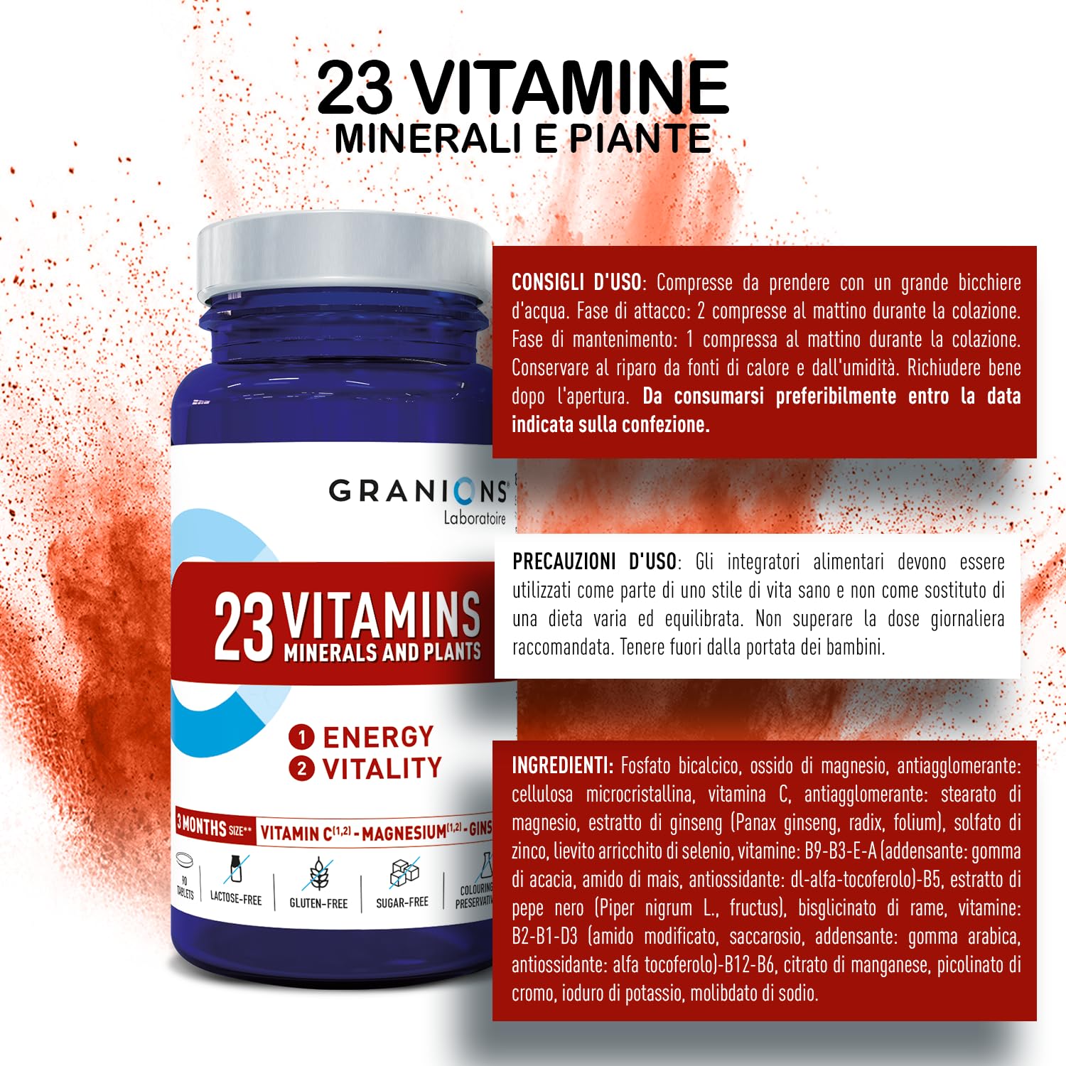 GRANIONS 23 VITAMINES, MINERAUX, PLANTES ENERGIE | 150 µg d'IODE 100% des AR | Vit A B C D3 E + oligoelements Zinc Magnesium Selenium + Ginseng | 90 comprimés | Format ECO 3 mois | Made in France
