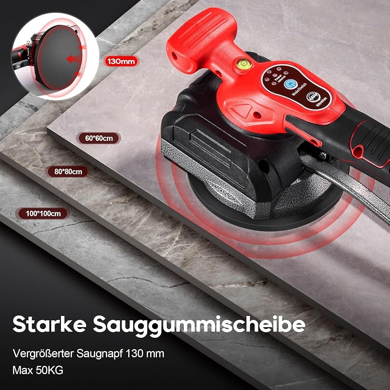 Ricyea 21V-os Csempevibrációs Készülék 5 Sebességgel, 130mm Tapadókoronggal, 0,2-1,2m Csempékhez, Fali Burkolatokhoz - 2 Akkumulátorral és T