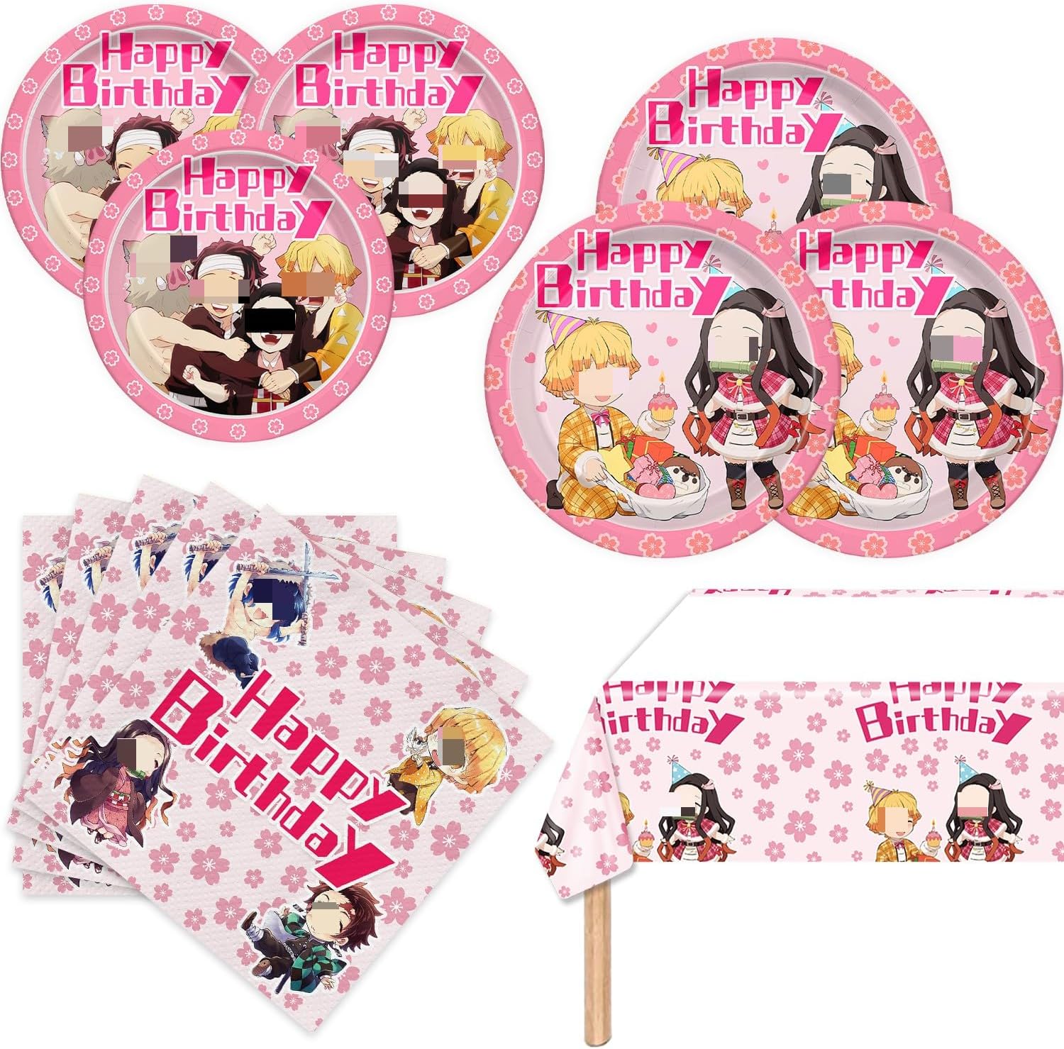 41Packs Demon Birthday Decorations Include 20 Plates, 20 Napkins and 1 Tablecover for Birthday Party Supplies (Pink De Slayers)