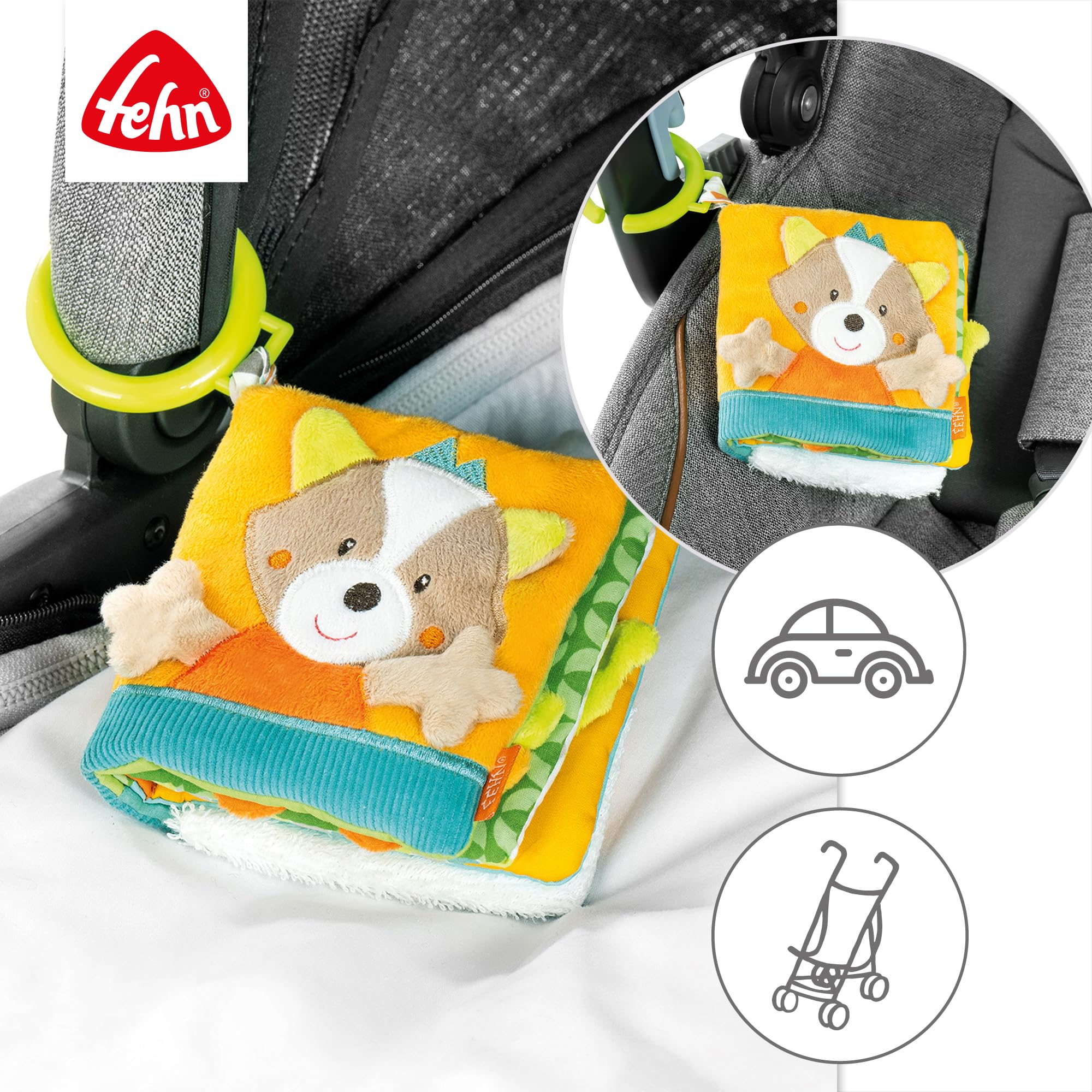 Fehn libro di stoffa volpe - Libro tattile con motivi animali - giocattolo da appendere al passeggino e al seggiolino auto - per neonati e bambini piccoli a partire da 0+ mesi