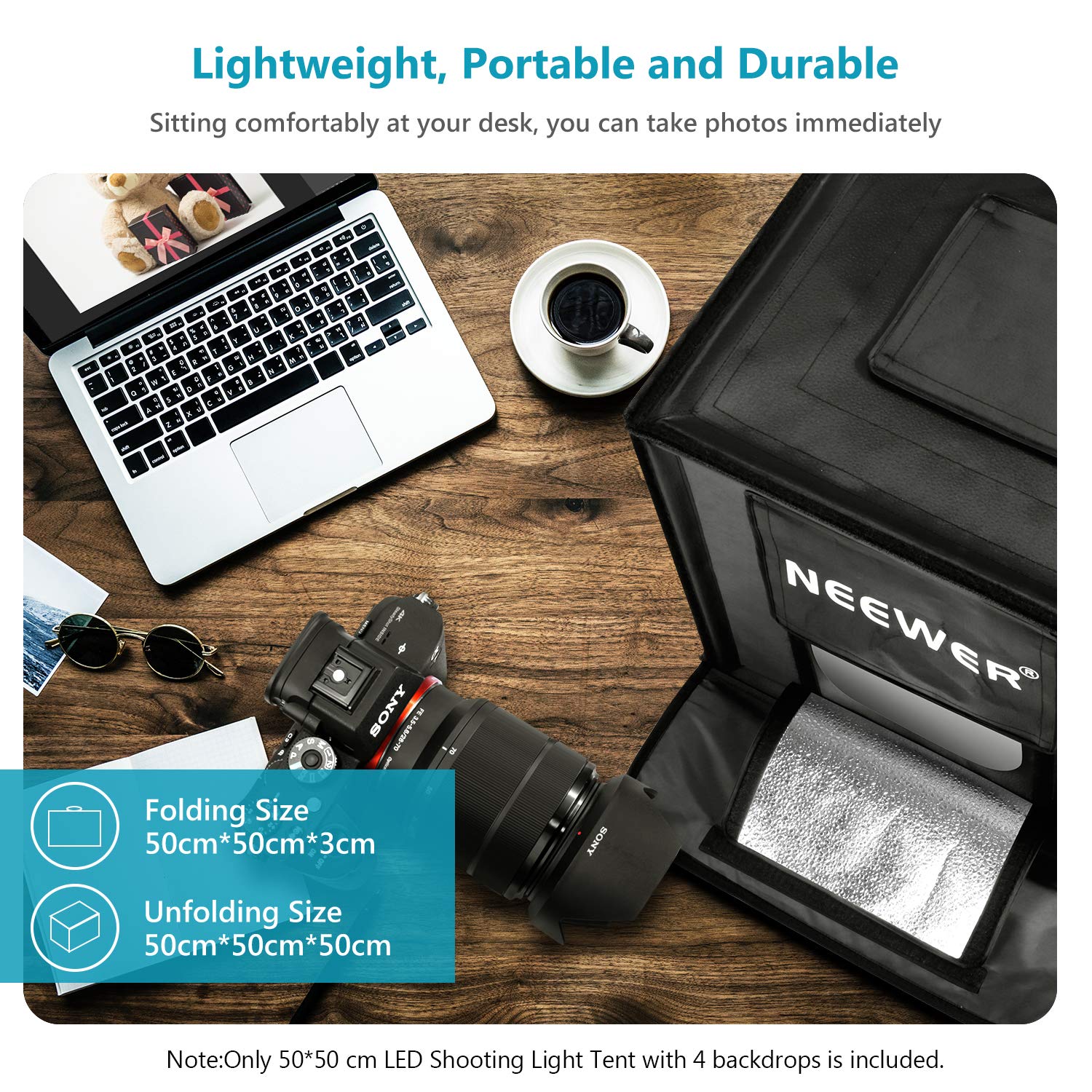 NEEWER Boîte à Lumière pour Studio Photo, Tente de Prise de Vue 50cm avec Luminosité Réglable, Kit d'Eclairage de Table Pliable et Portable avec 80 Lumières LED et Arrière-Plans 4 Couleurs