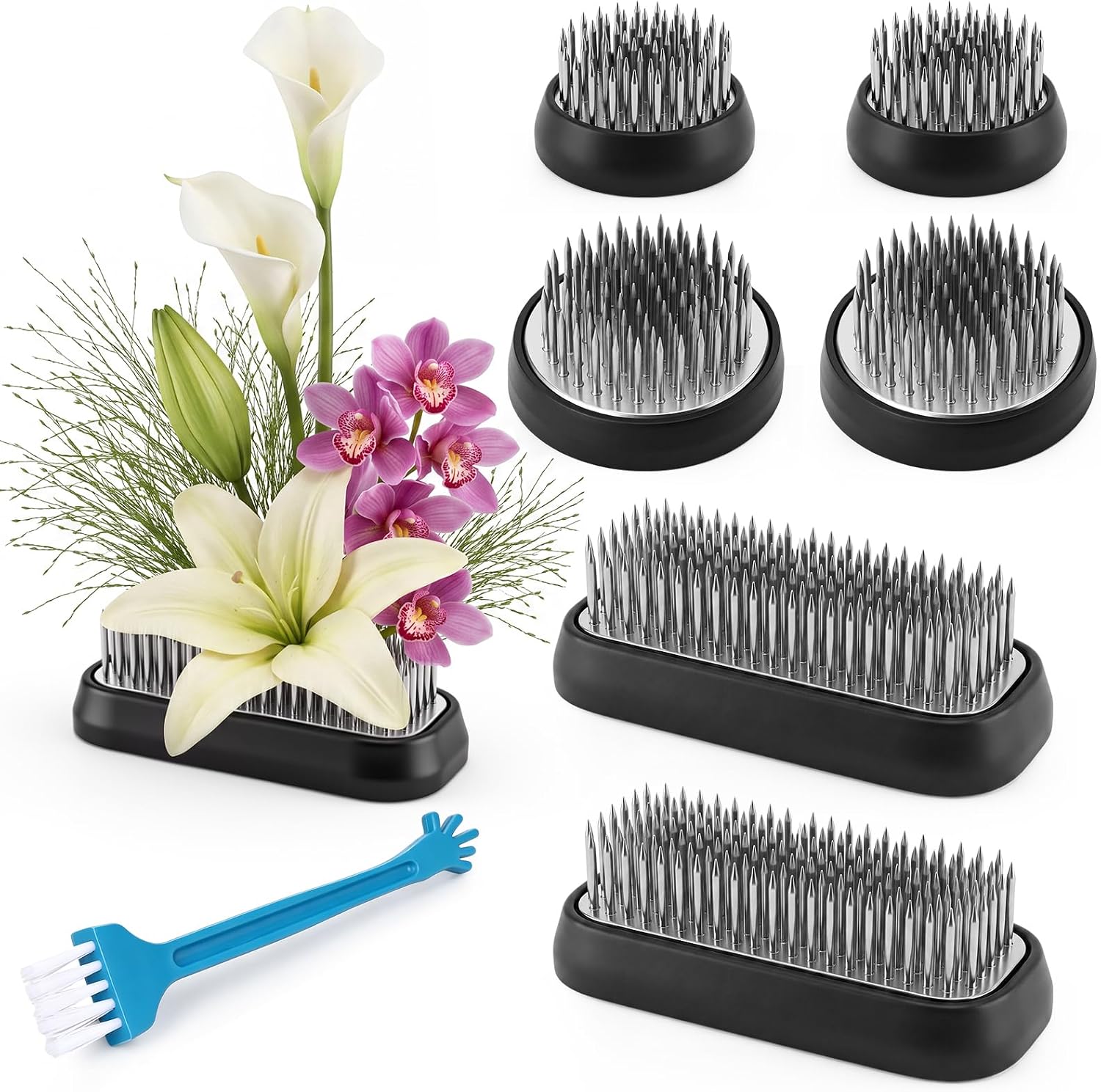 Rtteri 7 Pcs Stainless Steel Flower Frogs Set with Rubber Base, Cleaning Brush, Floral Pin Holder, Floral Frog for Arrangements Japanese Kenzan Ikebana, DIY Flower Craft(Gold)