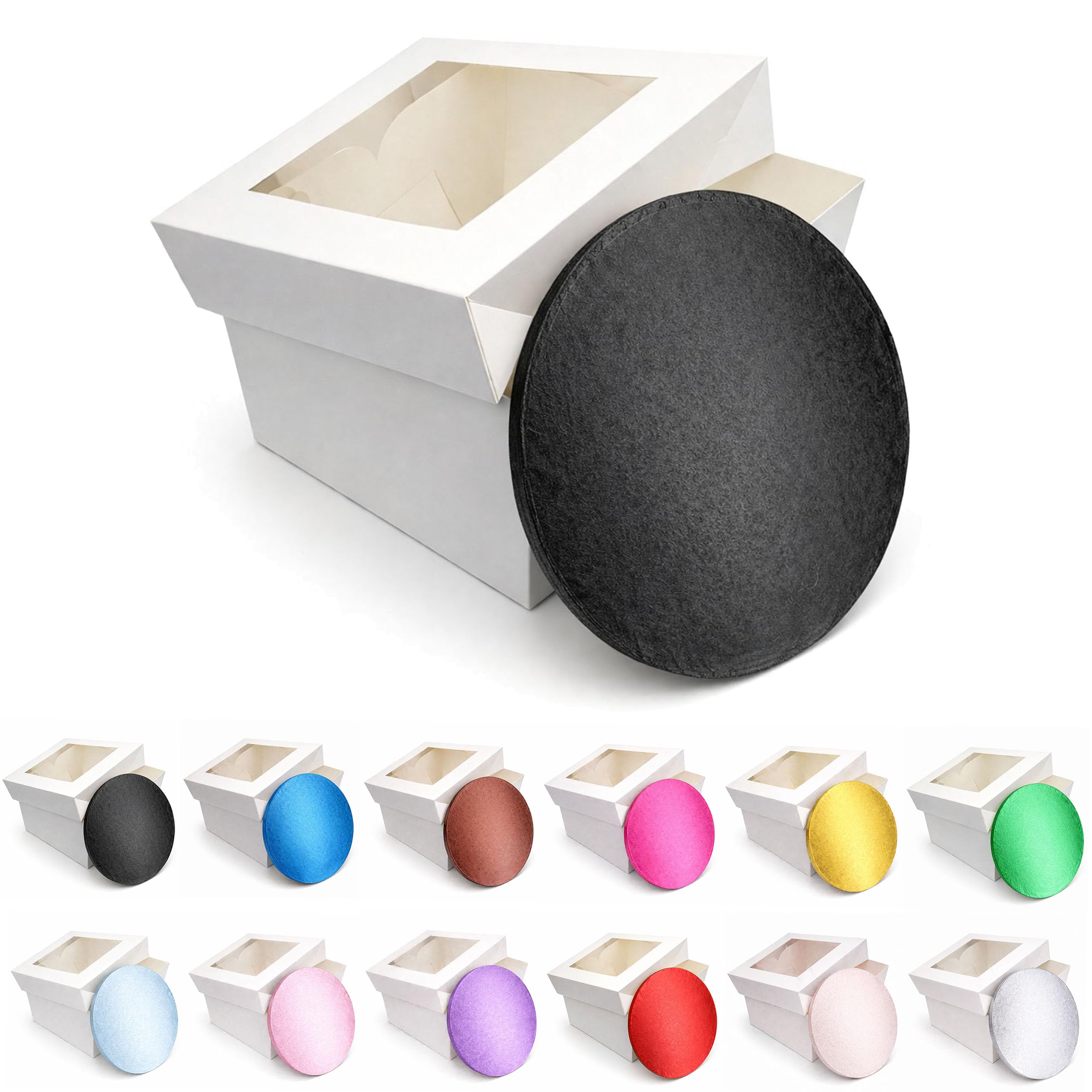 LARRYROO Round Colour Cake Drum Board & White Box with Clear Display Window + Lid Combo Pack for Wedding, Birthday Cakes (Black, 16 Inch)