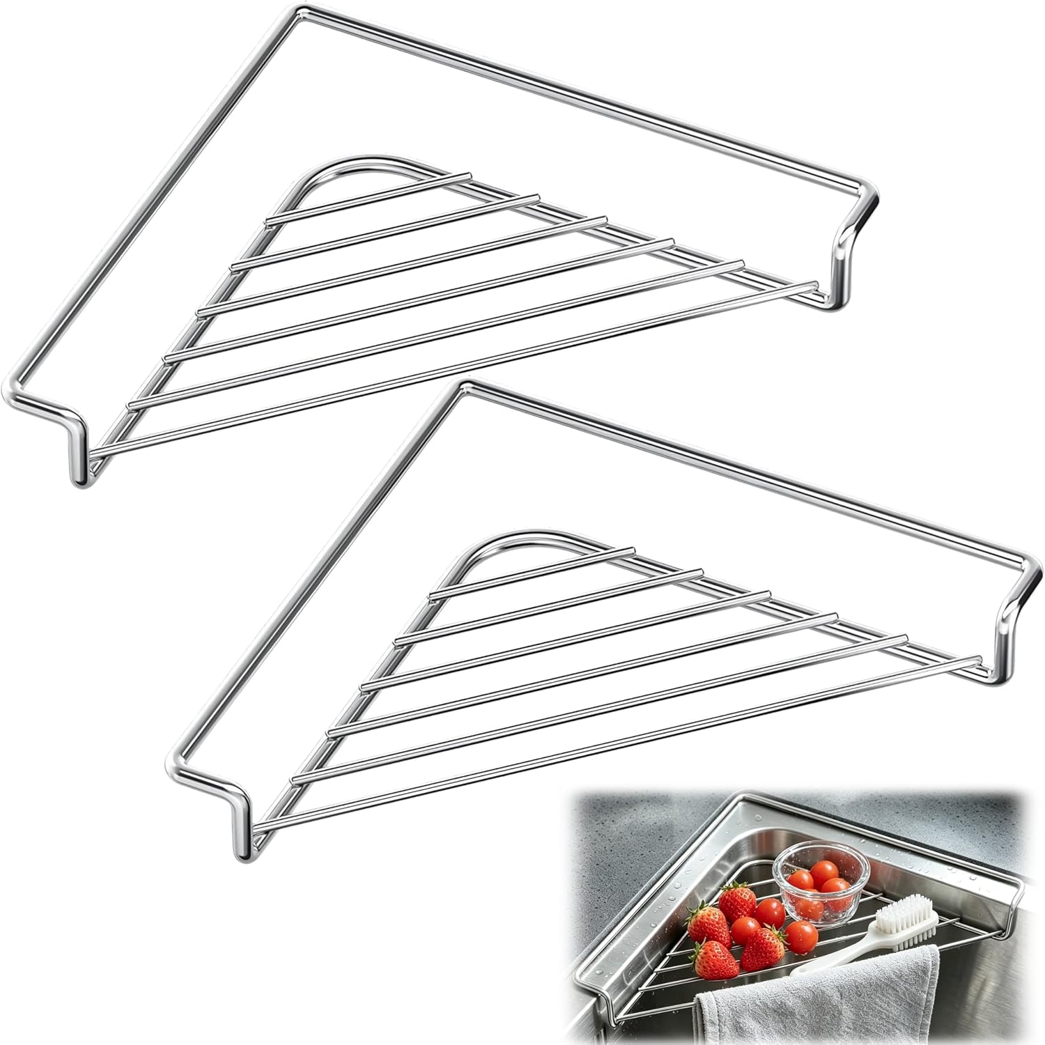 2 Pack Stainless Steel Corner Sink Caddy, Triangle Dish Drying Rack