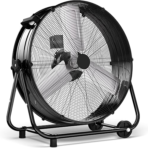 Uthfy Ventilador de tambor industrial resistente de 24 pulgadas, ventilador de piso de alta velocidad de 320 W con 3 velocidades, ventilador de