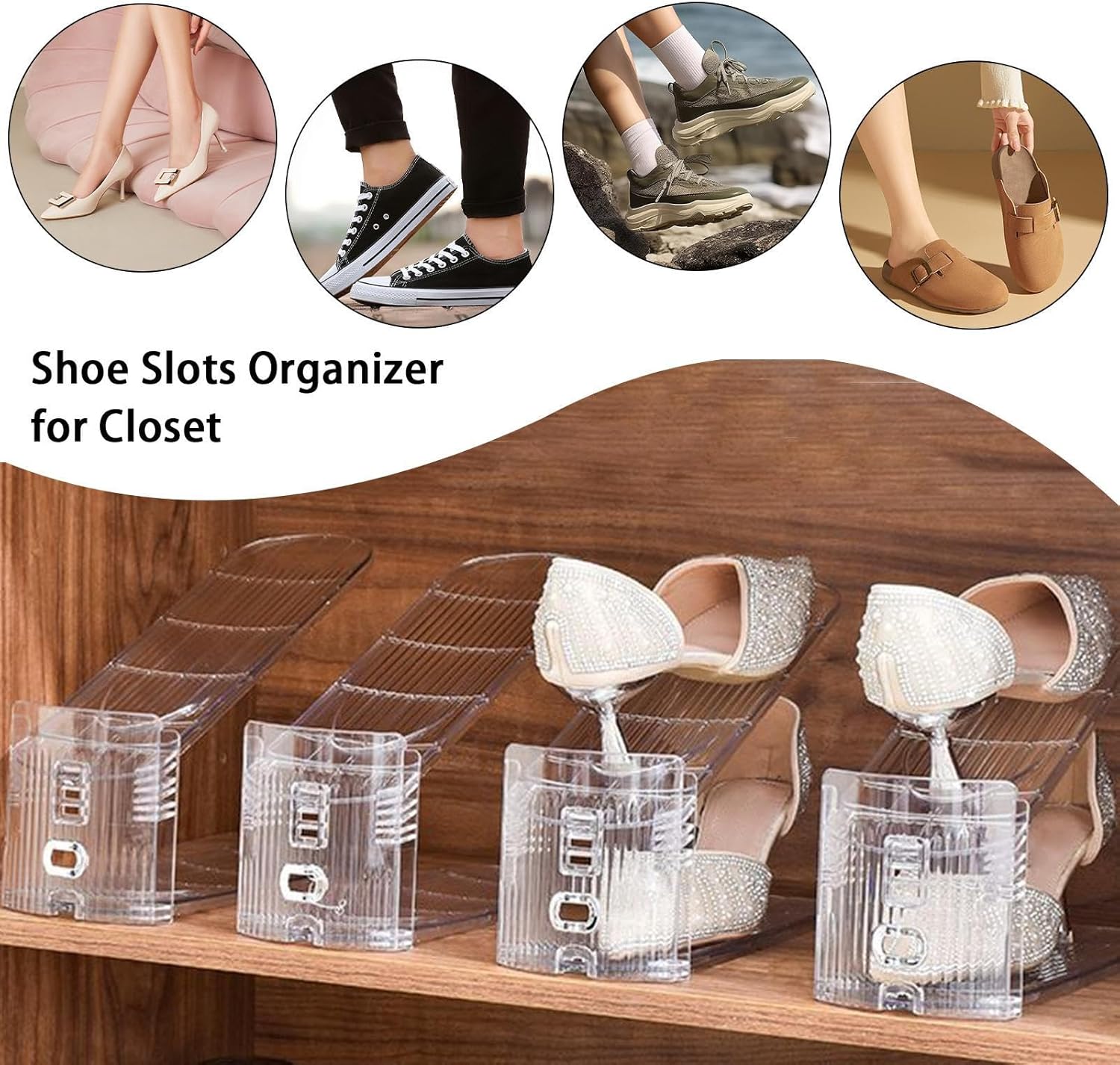 Shoe Slots 10.83x4.06x4.53 Inches | 6 Piece Shoe Risers for Closet Shelf | Double-Layer Stackable Height Adjustment Storage Non-Slip for Garage Dorm Entryway Wall Closet Bed