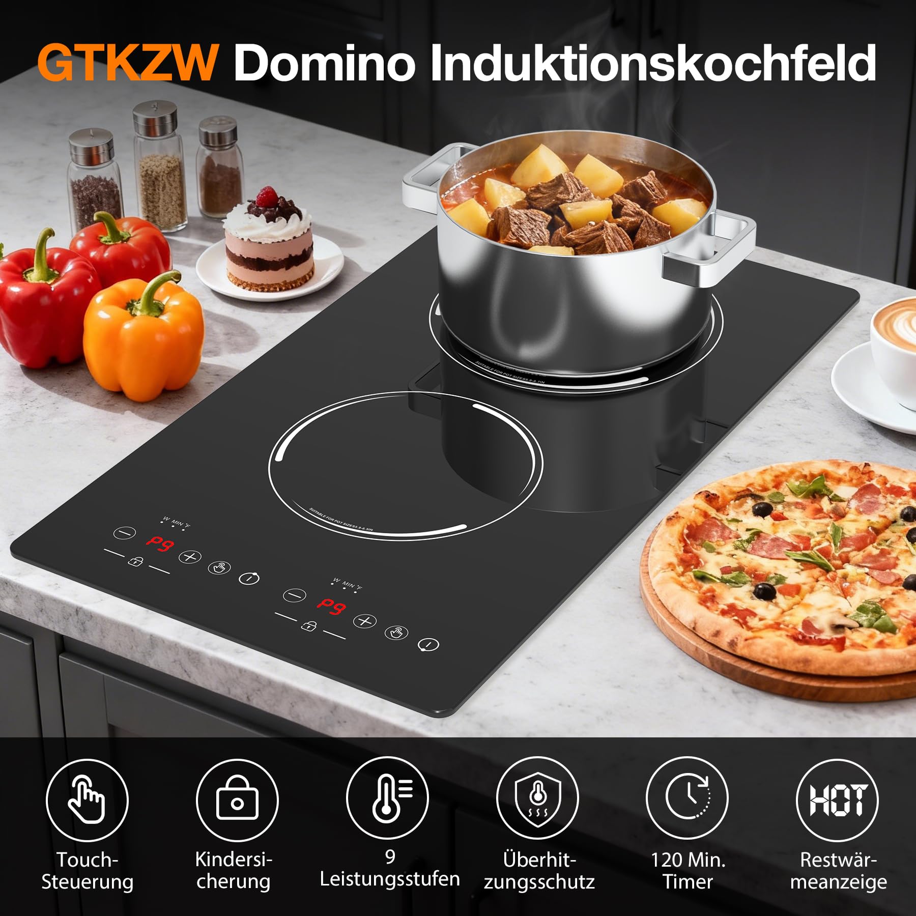 Induktionskochfeld 2 Platten 3000W, Domino Einbau und Freistehende Kochplatte, Elektrisch Doppelkochplatte mit Timer und 9 Stufen für Wohnmobil, Studio und kleine Küche