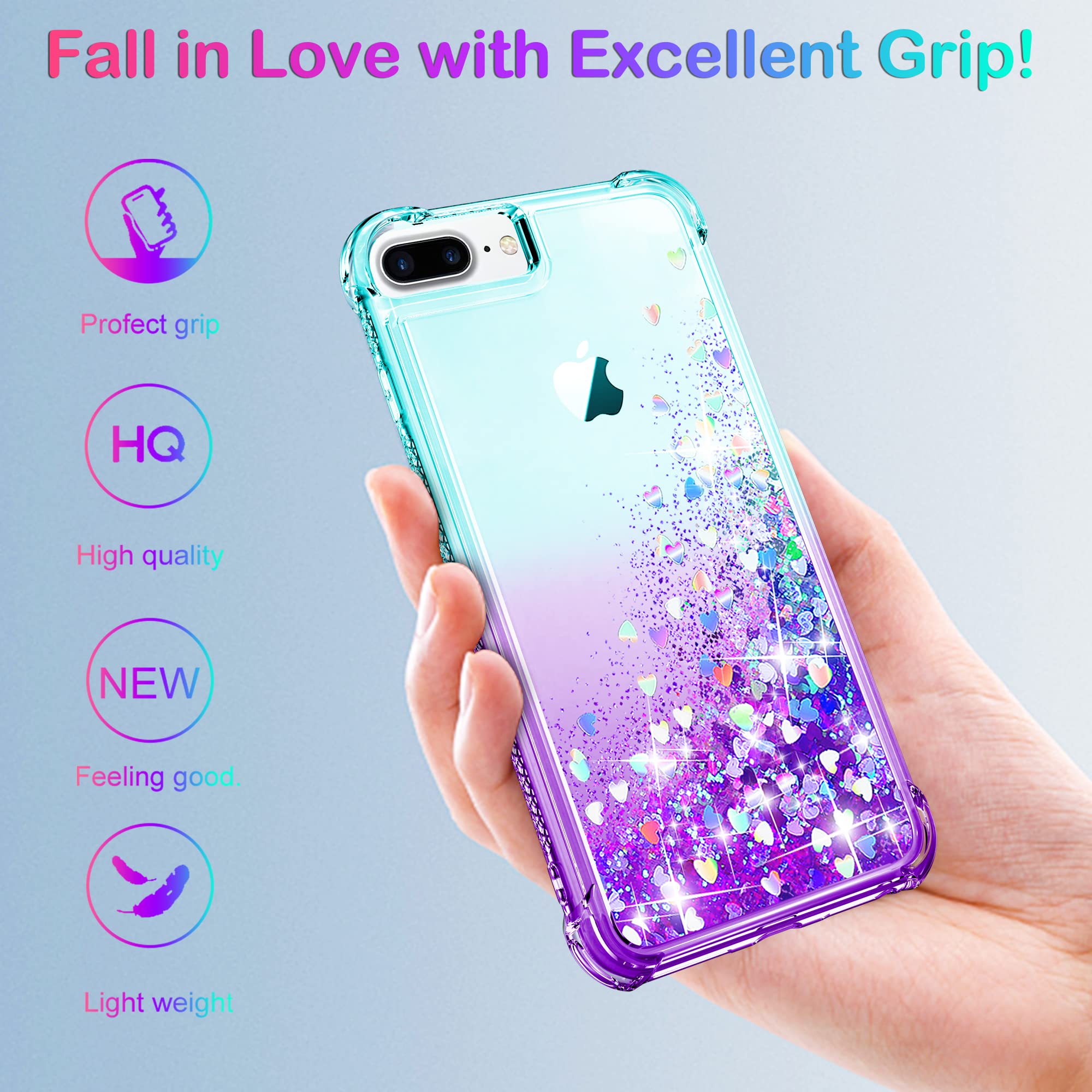 Pilaru Lovely for iPhone 8 Plus/7 Plus/6 Plus/6S Plus Case Clear Liquid Heart Glitter Soft TPU Cover Transparent Girly Protective Phone Case for iPhone 6 Plus,Green-Purple - Image 4