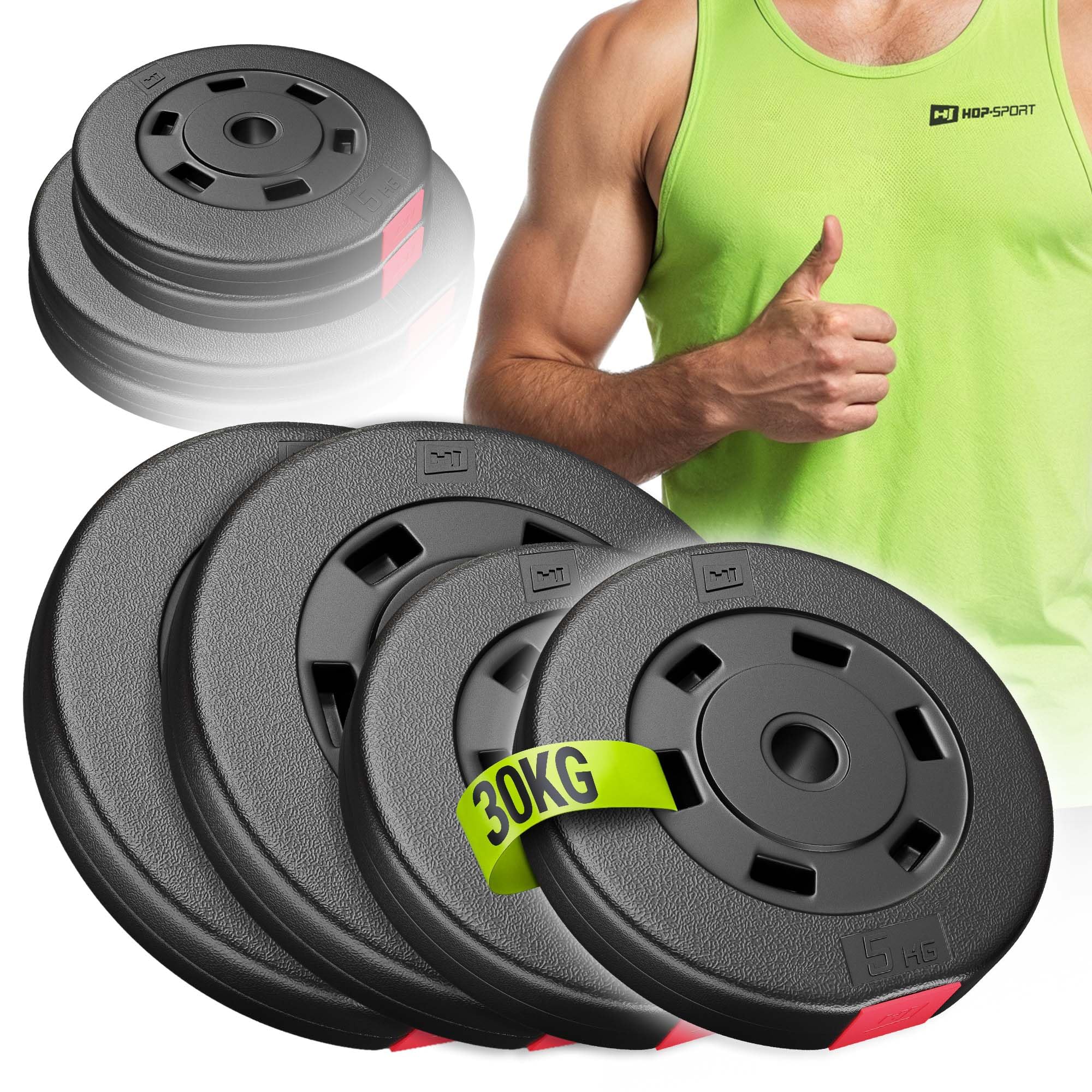 HOP-SPORT® Disques de Poids en Plastique 20, 30 kg pour Barre d'haltères 30 mm Variantes au Choix, Disques d'haltères pour Entraînement Haltérophilie et Musculation, Noir