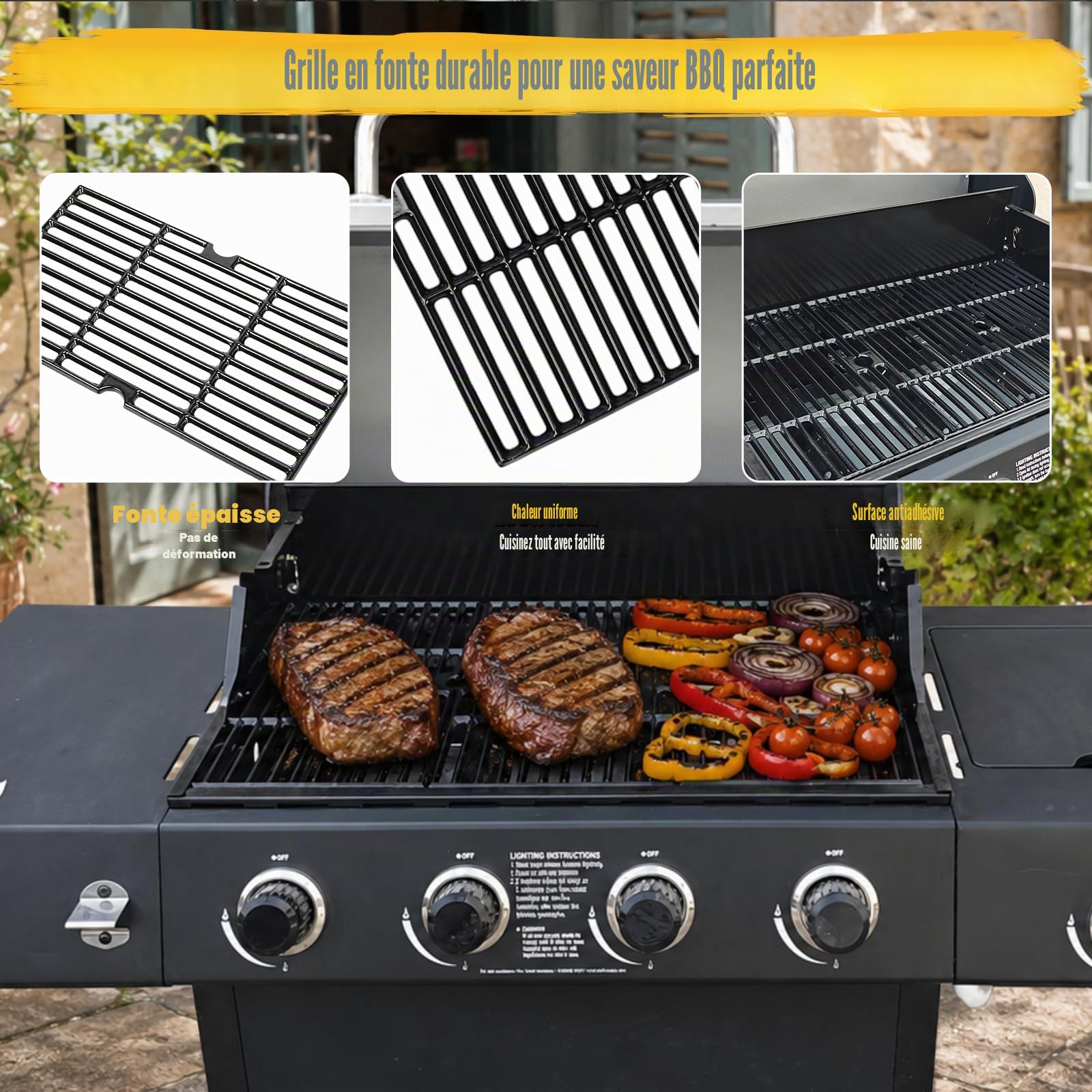 GFTIME Grille de gril en fonte 43 x 24cm pour Charbroil 463420508, 463420509, 463420511, 463436213, 463436214, 463436215, 463440109, 463441312, 463441514, 4 3461613 Grills à gaz, 3 pièces
