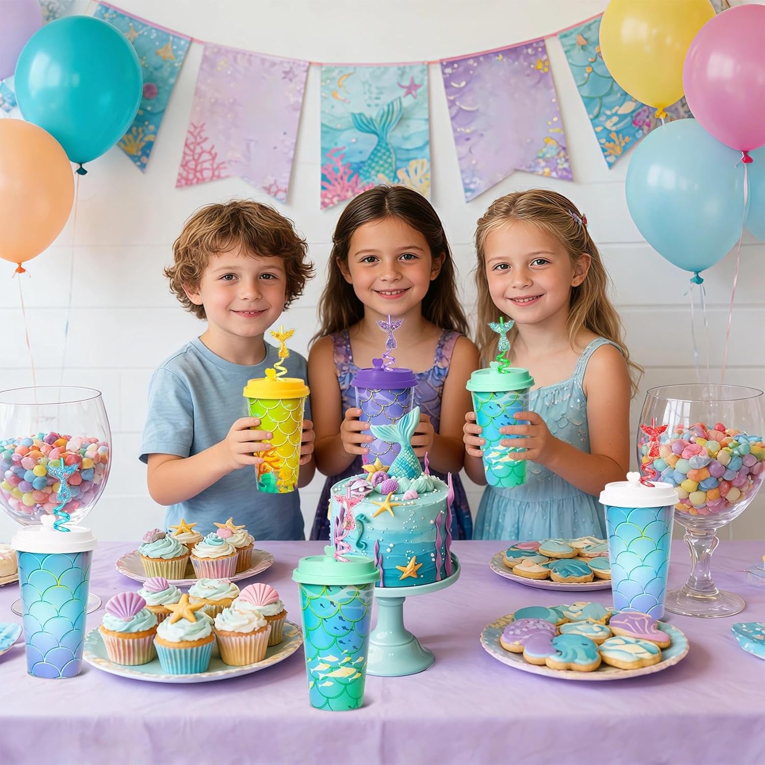 24 Pack Mermaid Party Favors Cups with Lids and Mermaid Tail Straws, 16OZ Plastic Cups for Under the Sea Birthday Decorations Supplies Party Goodie Bags Stuffers for Kids Girls