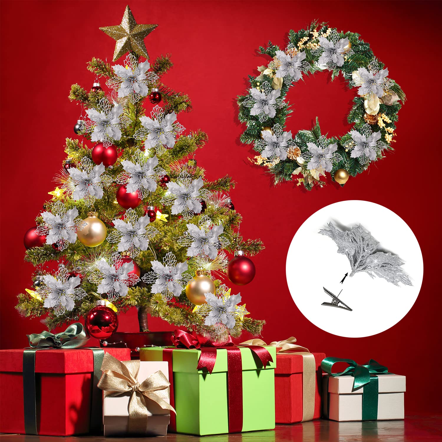Amazon｜STAREDGE シルバー グリッター ポインセチア クリスマスツリー