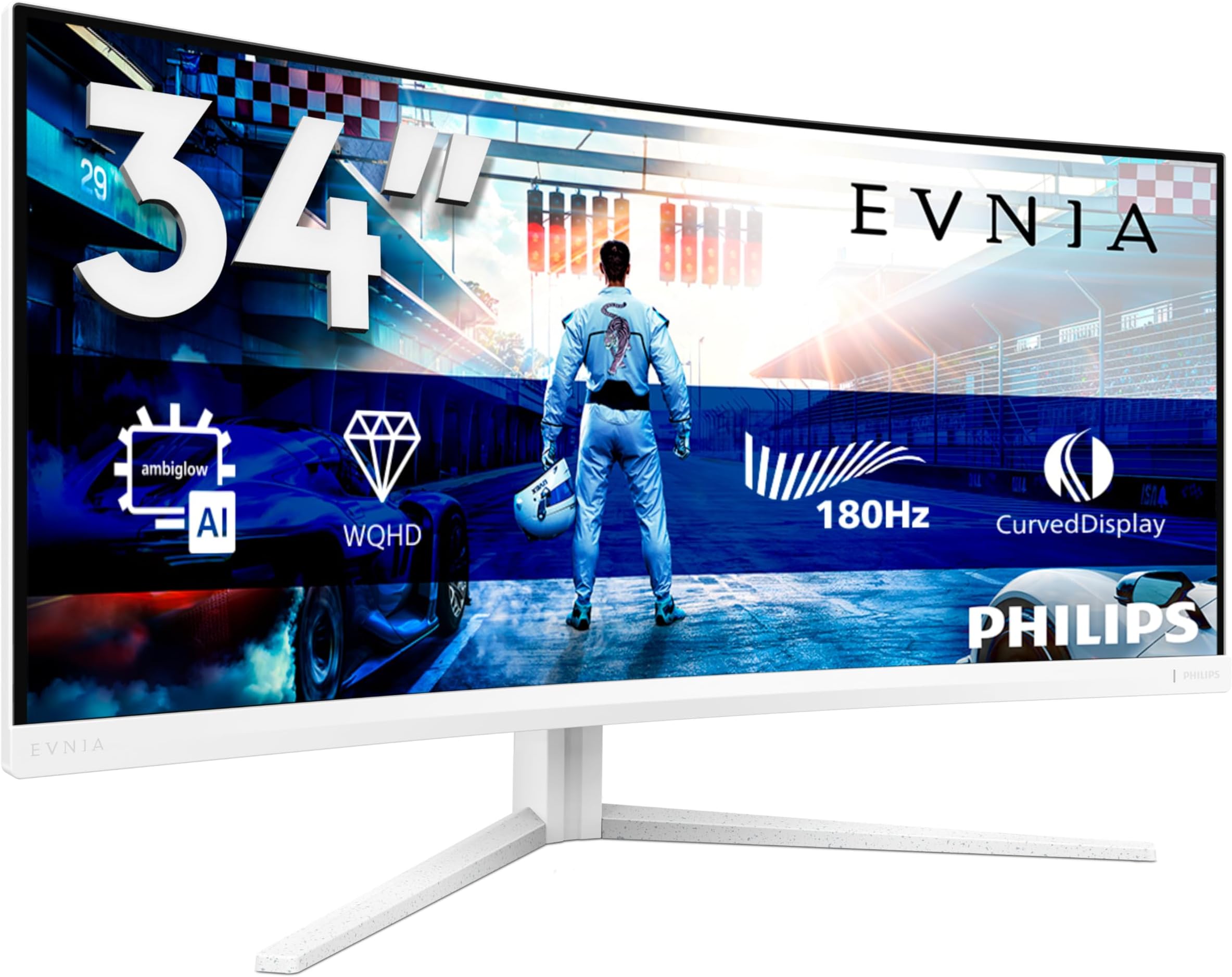 Evnia 34M2C5501A - 34 inch WQHD Curved Gaming Monitor, 180 Hz, 1 ms, FreeSync Premium, Ambiglow (3440x1440, 2x HDMI 2.0, 1x DisplayPort 1.4, USB Hub) white