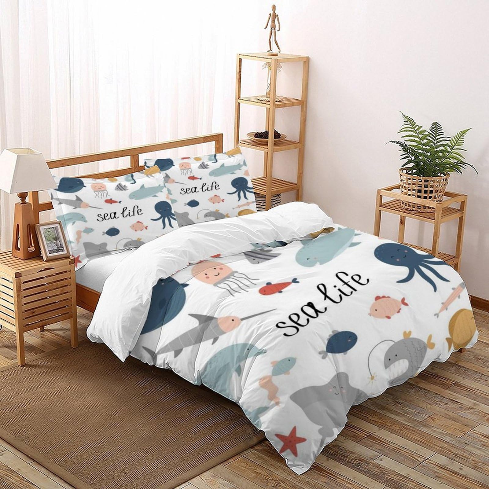 Parure de lit 200x200 imprimé vie marine en microfibre douce facile à repasser