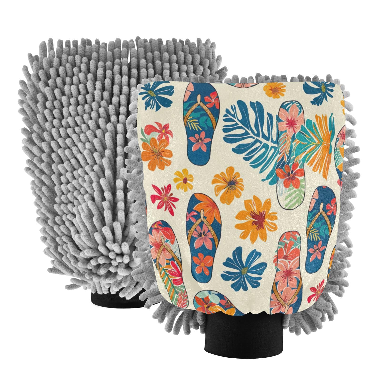 Kigai Hawaiian Style Slipper Pattern Car Wash Mitt Microfiber, 2Pcs Scratch Free Lint-Free, Premium Chenille Microfiber Mitt Car Wash Brush-M