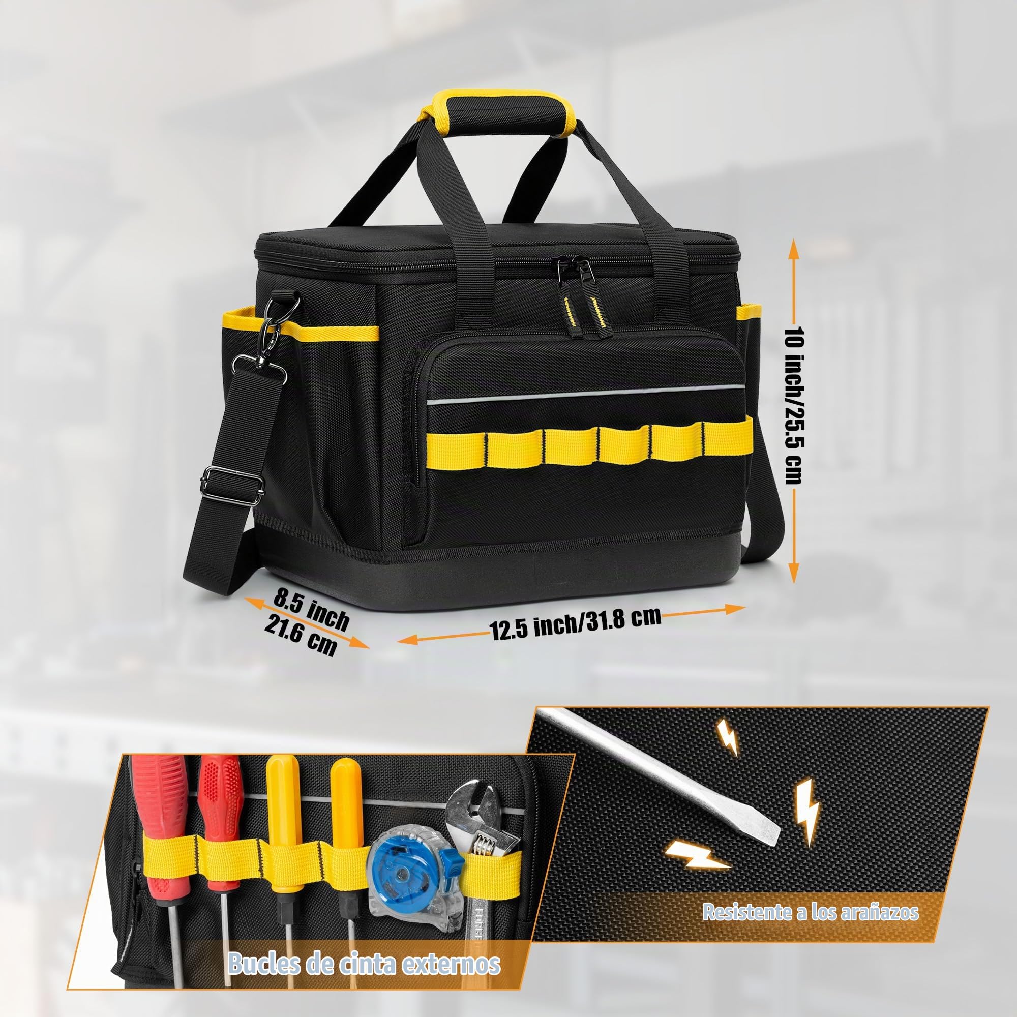 Rexmica Bolsa de Herramientas con Base Rígida de EVA/Correa para el Hombro | Bolsa de Herramientas Robusta Multifuncional para Electricistas, Fontaneros, Mecánicos y Uso Automotriz, Negro/Amarillo