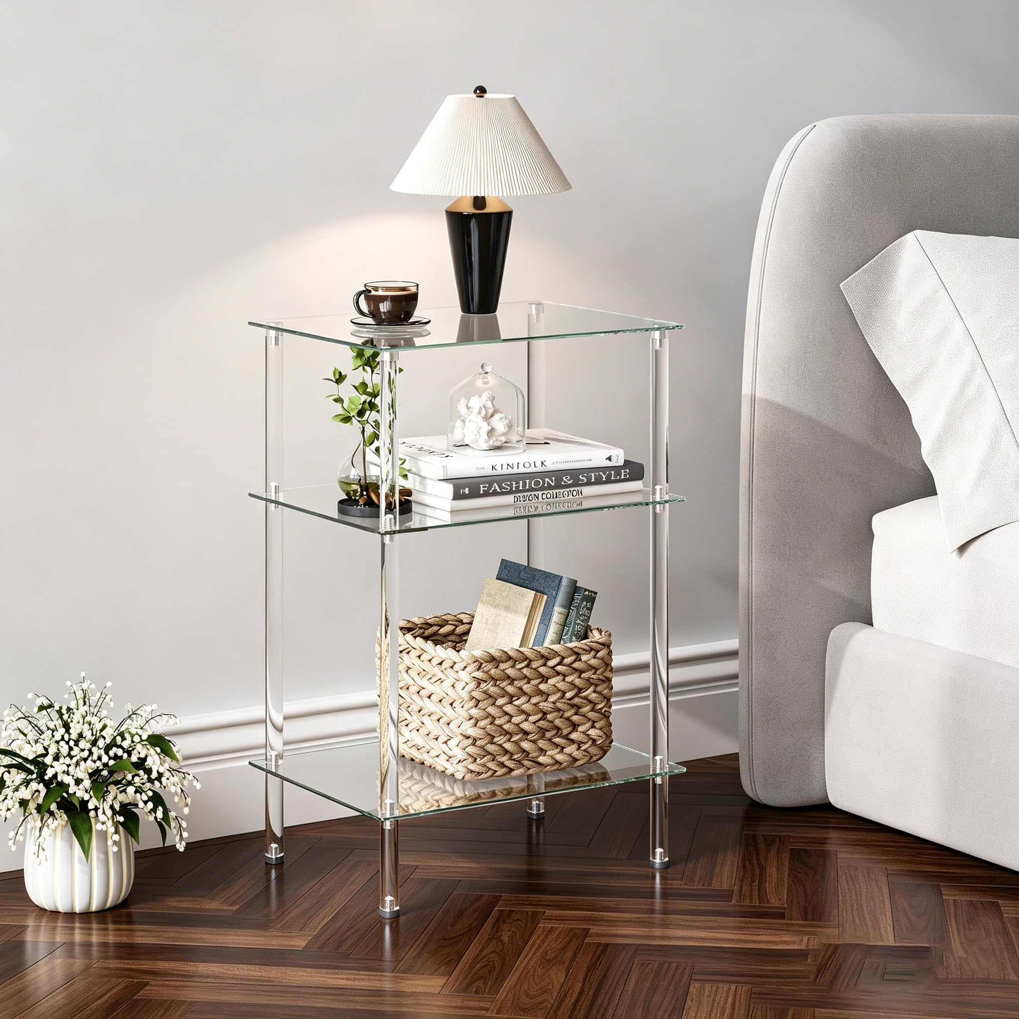 Mesa de Centro Cuadrada Mesa de Cristal Transparente con 3 Niveles Mesas Auxiliares para Salon y Dormitorio Diseño Elegante LET519TR