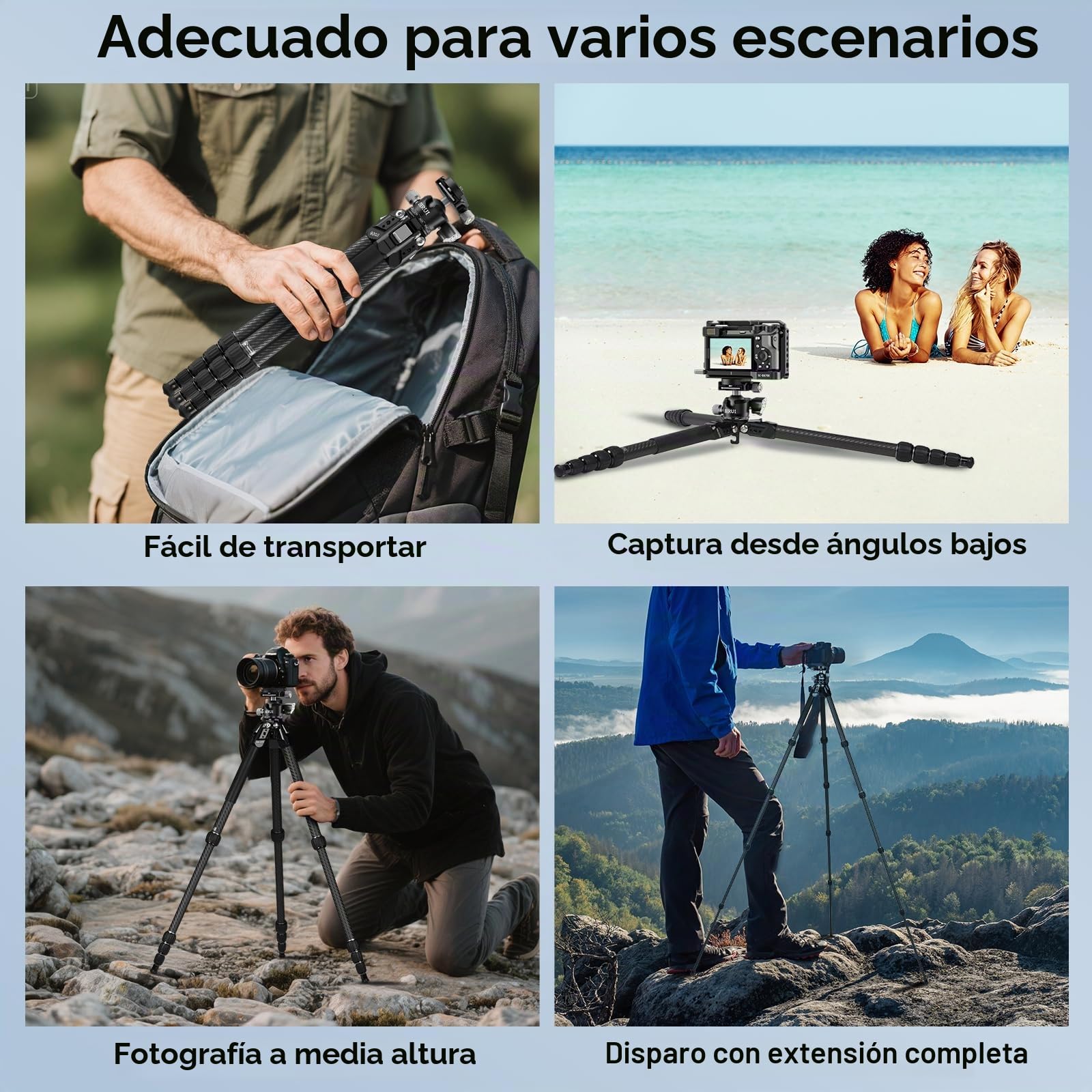 SIRUI 50“ Trípode de Viaje en Fibra de Carbono Tripode Compacto, con Cabeza de Bola Baja, Placa Quick Release para Arca, Carga 8kg para Cámara y Teléfono -AM-225S+G0