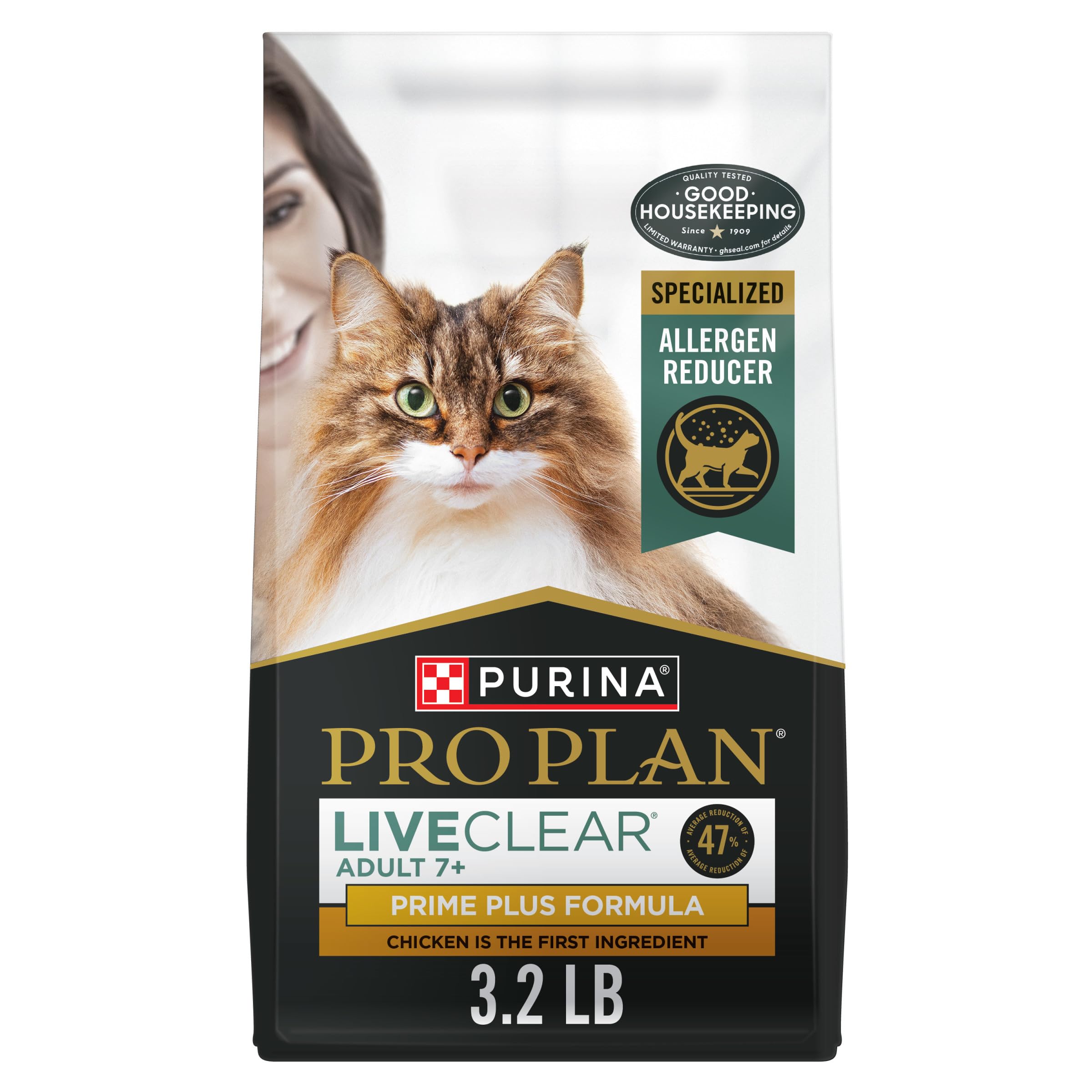 Purina Pro Plan LiveClear Senior Cat Food 7+ Cat Allergen Reducer Prime Plus Chicken and Rice Formula - 3.2 lb. Bag