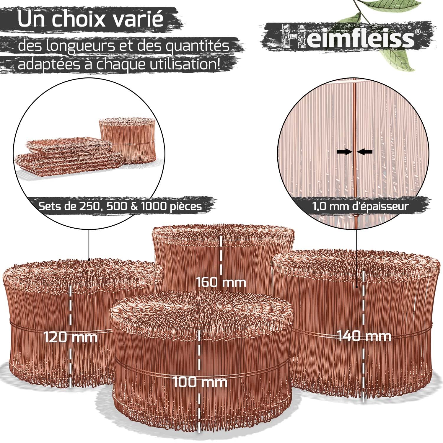 Heimfleiss® Liens à boucle 1,0 x 100-160 mm (1000 pcs.) - Fil d'attache cuivré - Fil à œillet pour tordeuse & pince à tordeuse - Fermeture de sac en fil métallique