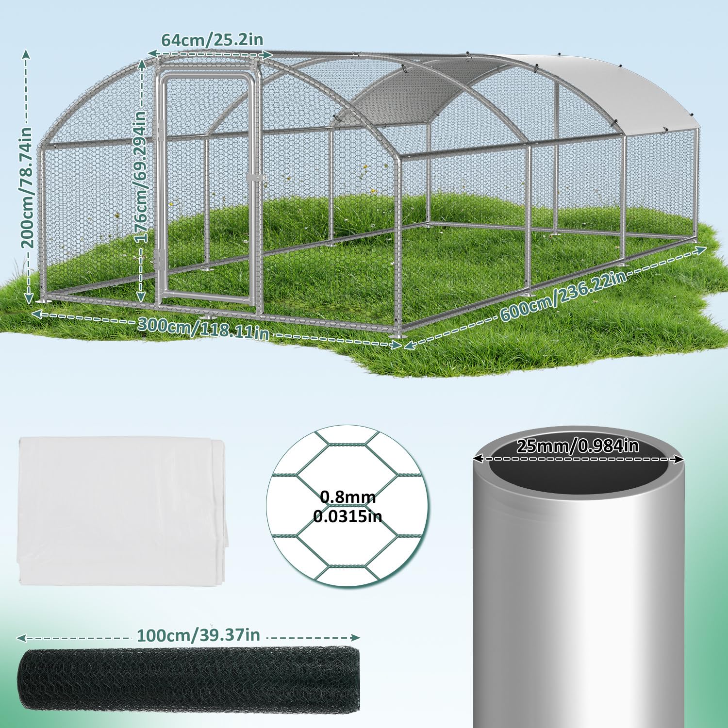 Freilaufgehege Hühnerstall, 3x6x2m Hühnerhaus Kleintierstall mit Sicherheitsschloss und Wasserdichtes Abdeckung, Kuppeldach Freigehege für Hühner,Vogelkäfig, Pflanzen