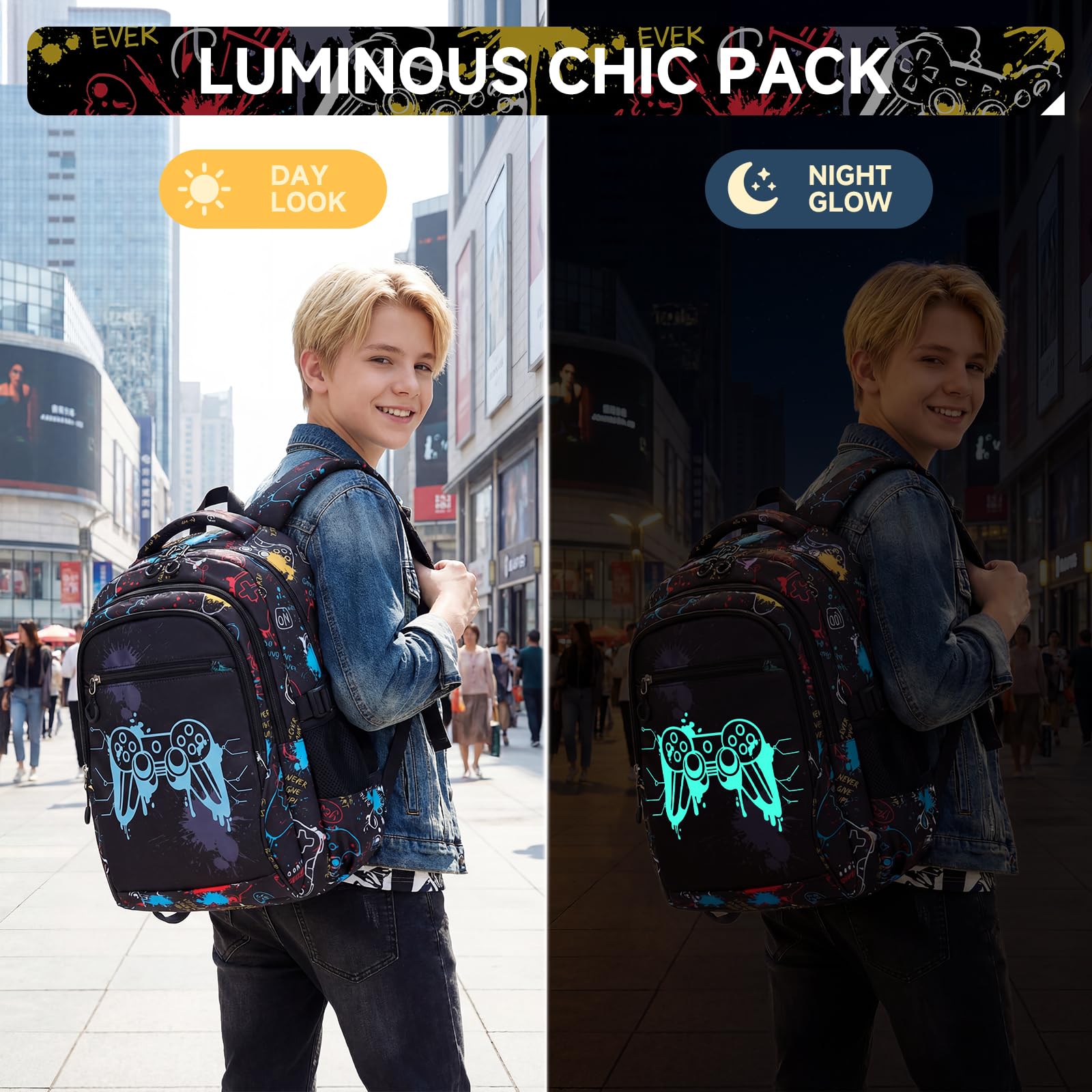 Amythe Zaino Ragazzi - Scuola Elementare e Media - Set Completo con Borsa Petto, Borza Pranzo & Astuccio – Zaino Adolescenti Grande Leggero Impermeabile per Scuola & Viaggi, Nero