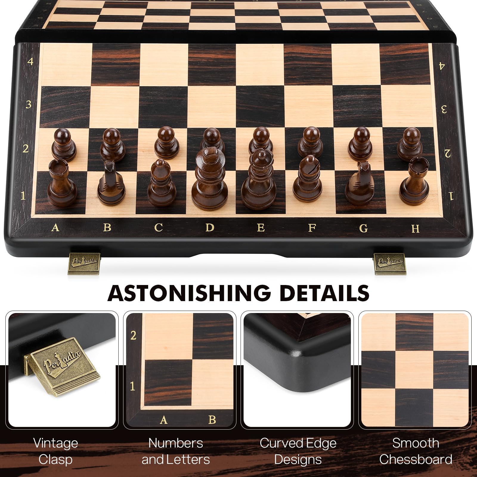 Peradix 38CM Schachspiel Holz Hochwertig - 2 In 1 Magnetisch Schachbrett Holz, Reiseschach für Kinder und Erwachsene, Naturholzfarben, Schachspiel & Checkers Set