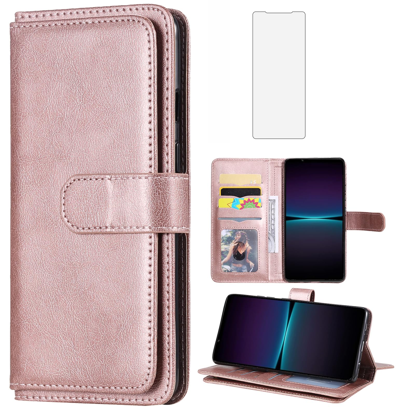 Custodia Asuwish Per Sony Xperia 1 IV Con Portafoglio, 10 Slot Carte, Supporto Regolabile, Pellicola In Vetro Inclusa, Rossa - 2