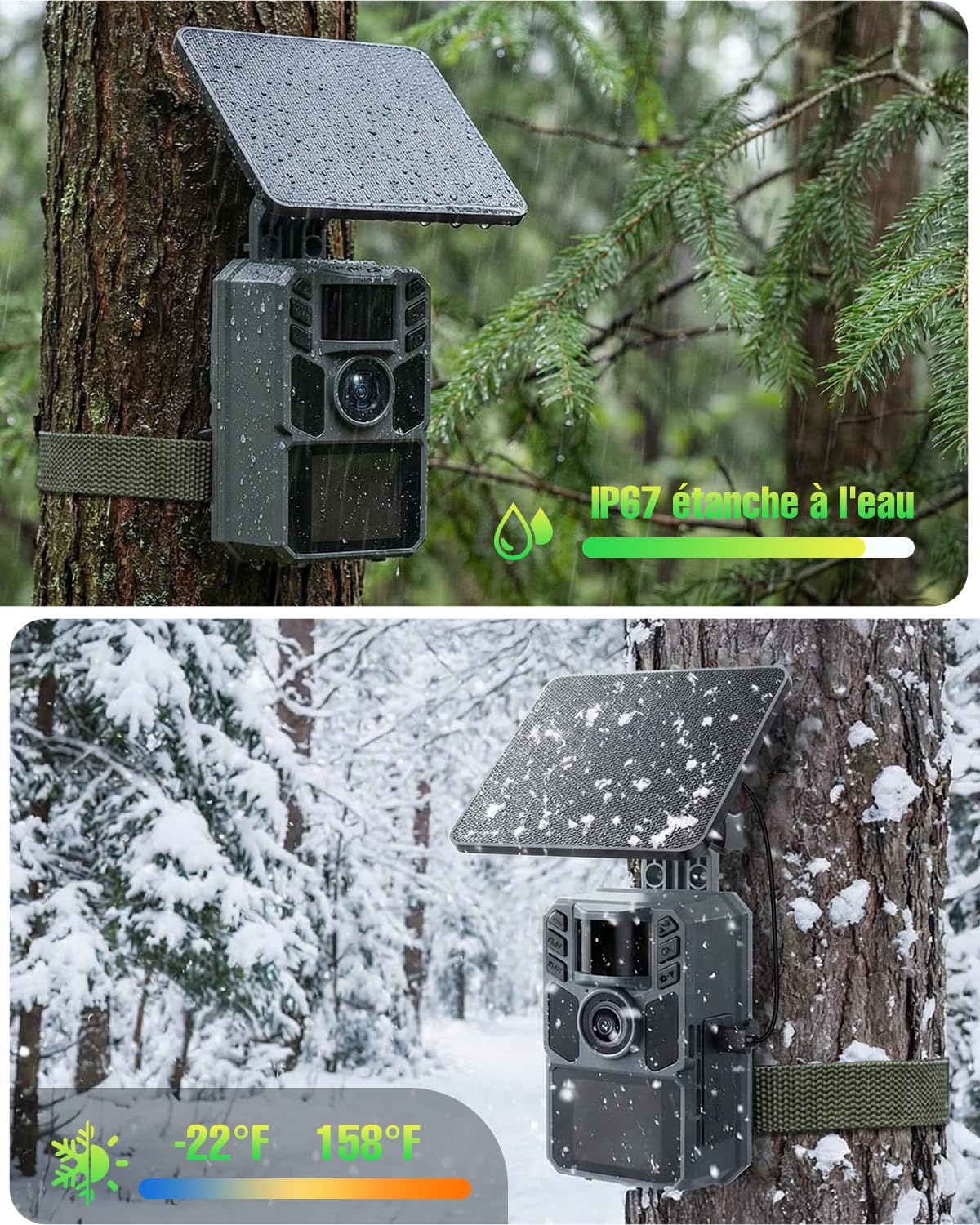 4K 64MP Caméra de Chasse Solaire avec 5000mAh Batterie Rechargeable, Camera Chasse, 850nm LED Camera Infrarouge Vision Nocturne Animaux Caméra