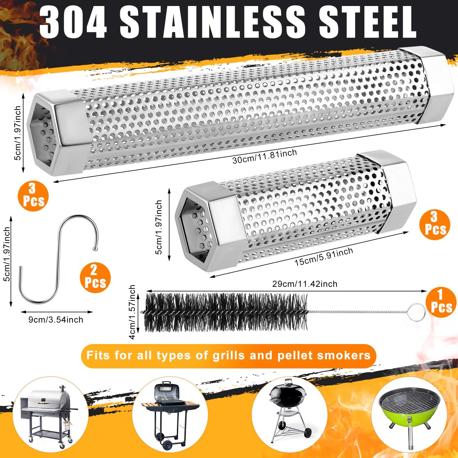 Gisafai 6 Pcs Pellet Smoker Tube 12 Inch 6 Inch Stainless Steel BBQ Tube Smoker with Brush and Hooks 5 Hours of Billowing Pellet Smoker Box Grill Accessories for Grill or Smoker, Hot or Cold Smoking