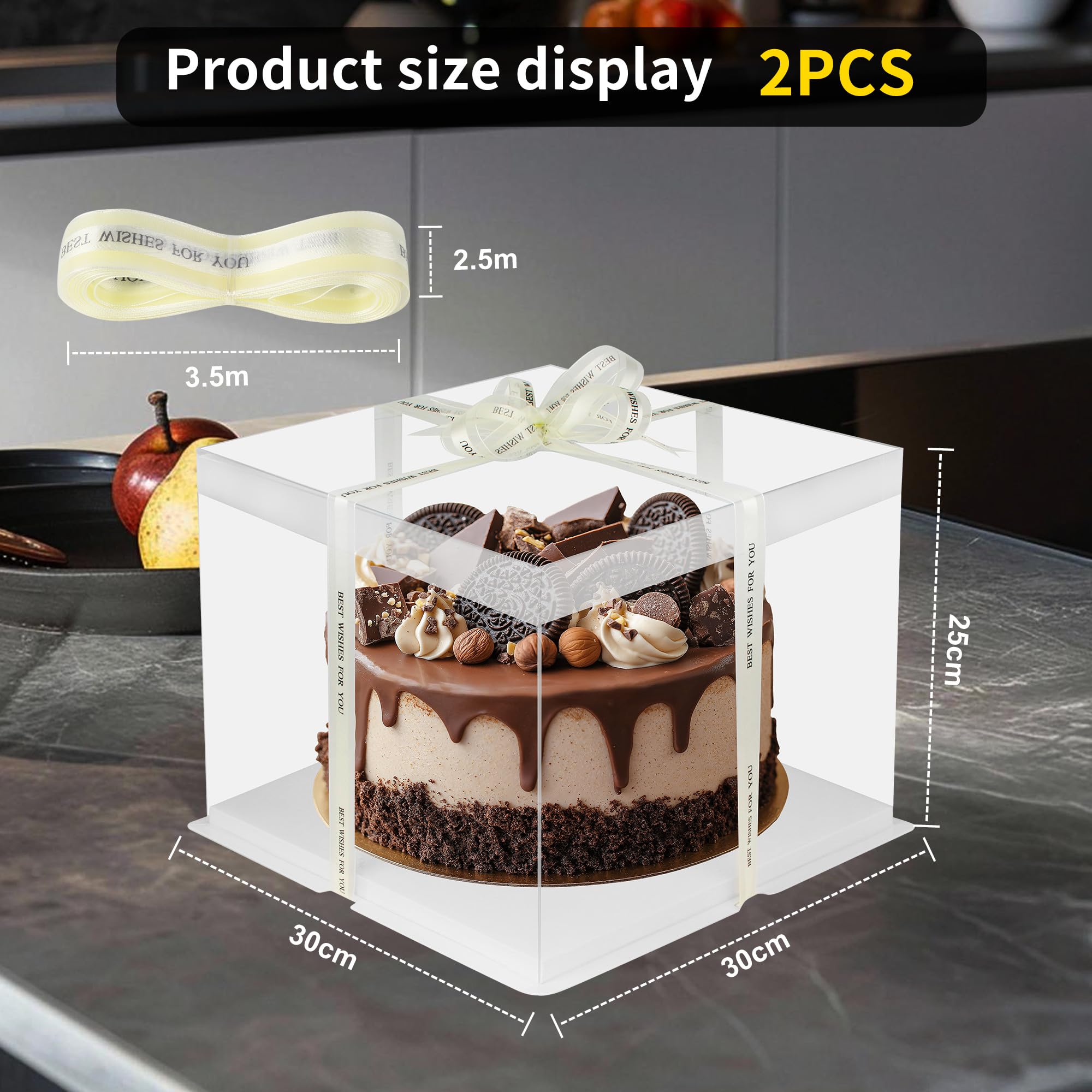 JIYANA 2 scatole per torta trasparenti 30 x 30 x 25 cm con 2 nastri, Scatole Trasparenti Per Bomboniere per torte da 10 pollici, adatte per compleanni, matrimoni, feste, confezioni regalo