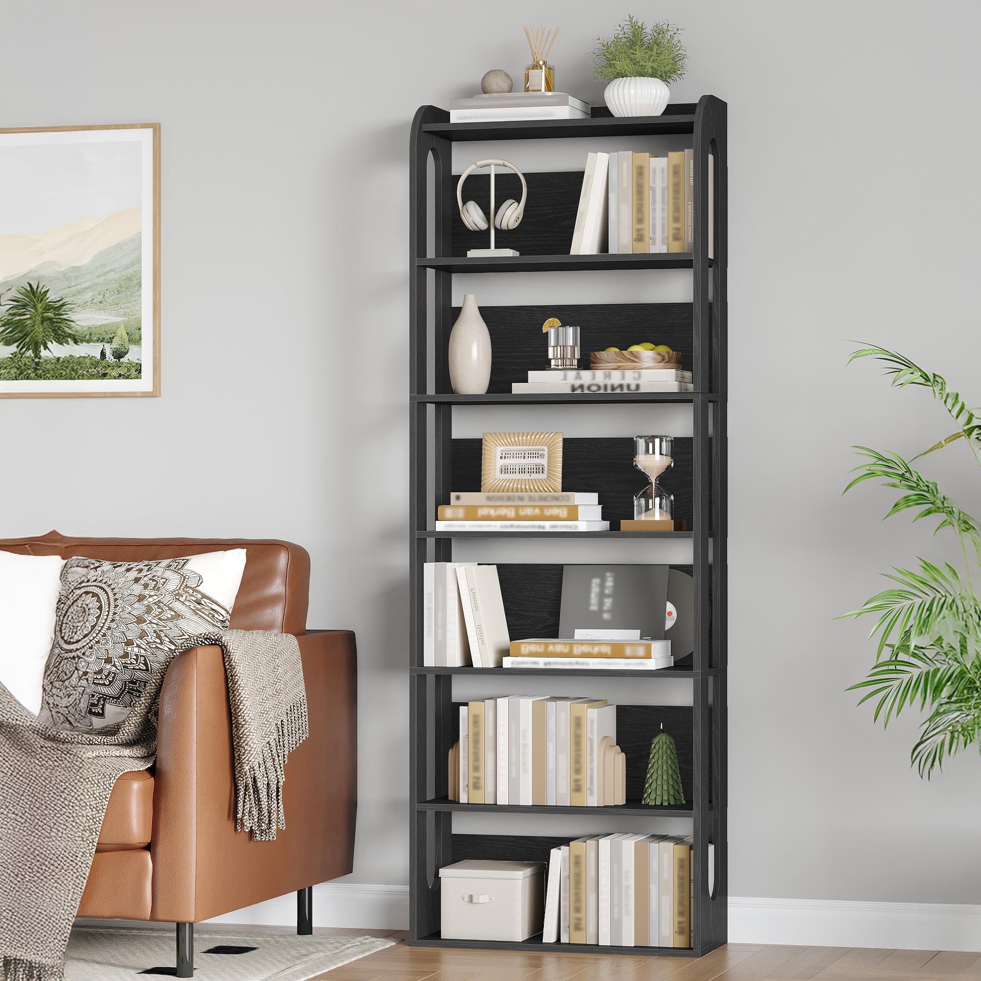 Hzuaneri Libreria a 7 Ripiani, Libreria Soggiorno Legno, Scaffale Portaoggetti Aperto, per Salón, Estudio, Oficin, Dormitorio, 24 x 60 x 182 cm, Nero BC70004X