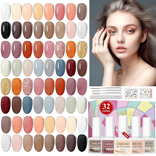SAVILAND Kit de 42 esmaltes de uñas de gel: juego de esmaltes de gel de otoño de 32 colores marrón y negro con purpurina UV con base de enlace de pH