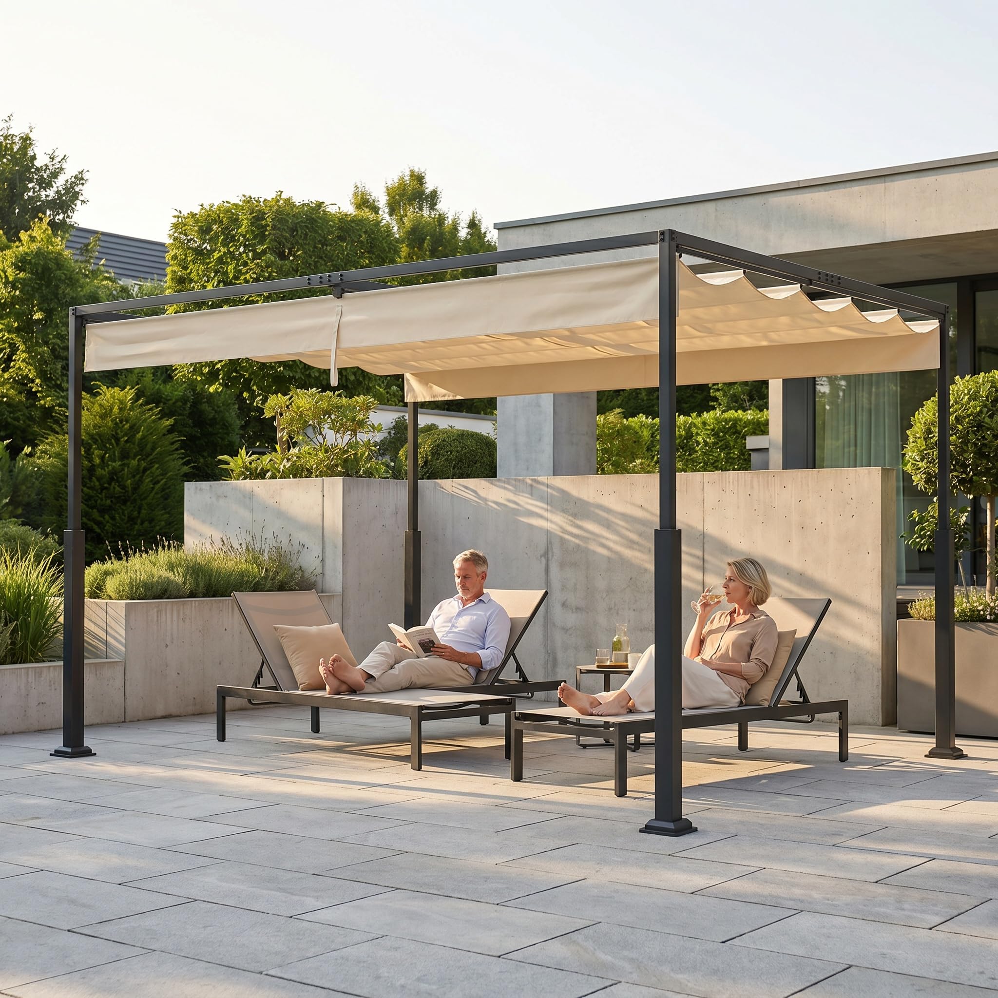 UISEBRT Pergola in metallo, 3 x 4 m, impermeabile, stabile, resistente all'inverno, gazebo con tetto a lamelle, tettoia parasole autoportante, con tetto scorrevole, per giardini e terrazze, beige