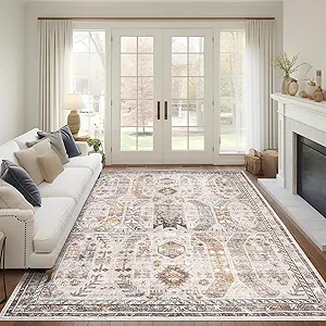 Madane 5x7 Area Rugs for Living Room, Stain Resistant Washable Rugs, Non-Slip Backing Area Rug, Vintage Home Decor Rug for Bedroom (Brown/Gold, 5'x7')