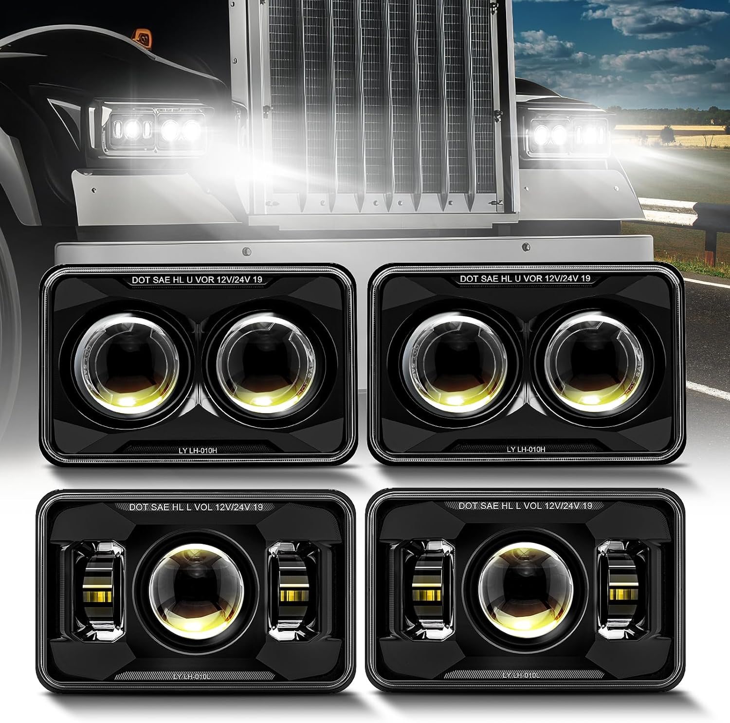 DOT Approved 4x6 inch LED Headlights 1000% Bright 120W Compatible with Kenworth T800 T600 Peterbilt 379 Feightliner O-ldsmobile Cutlass H4651 H4652 H4656 H4666 H6545 Black - Chrome