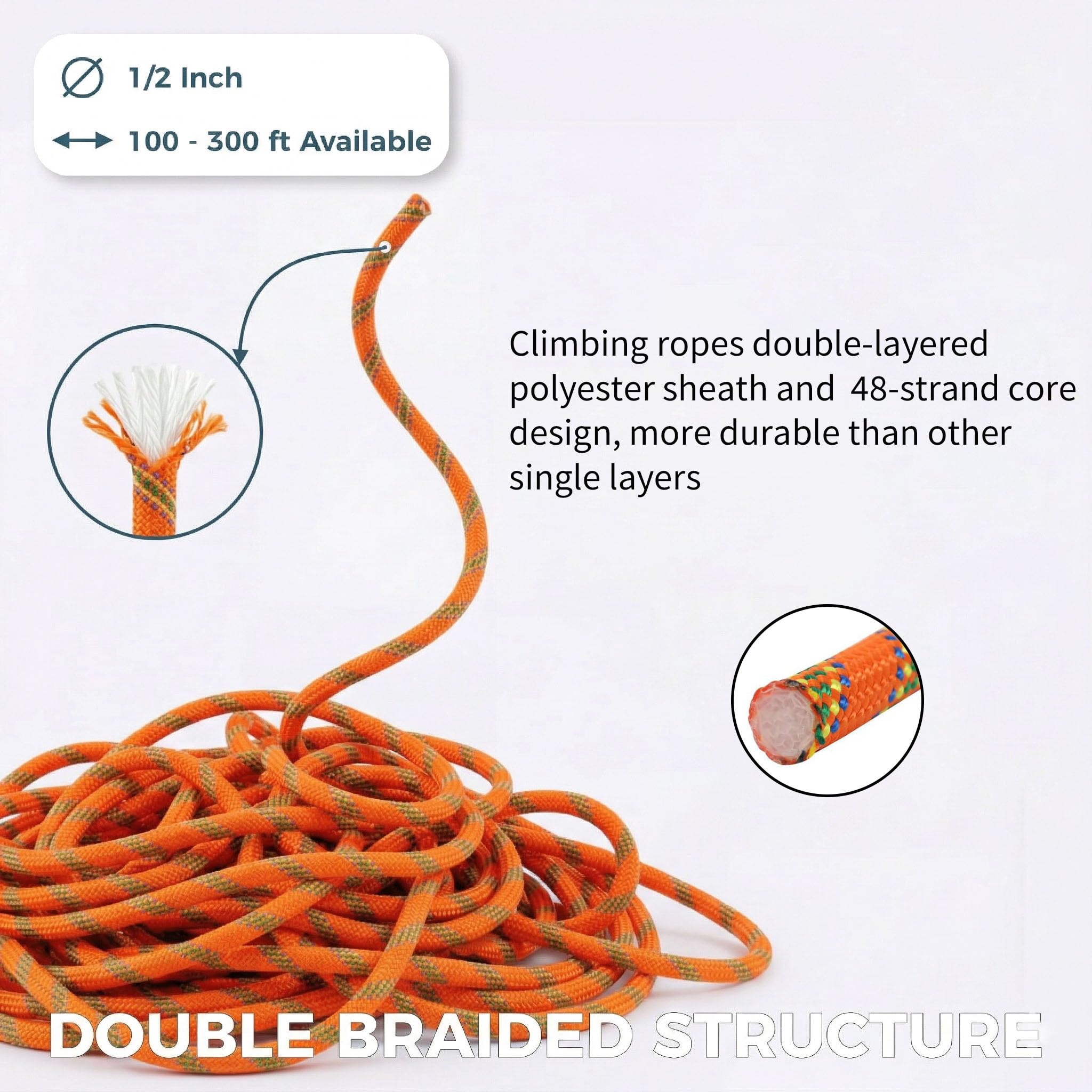 Cuerda de arborista trenzada doble, cuerda de poliéster de 1/2 pulgada x 100 pies, cuerda de escalada de alta resistencia para adultos y niños, trabajo en árboles, driza, vela (naranja)