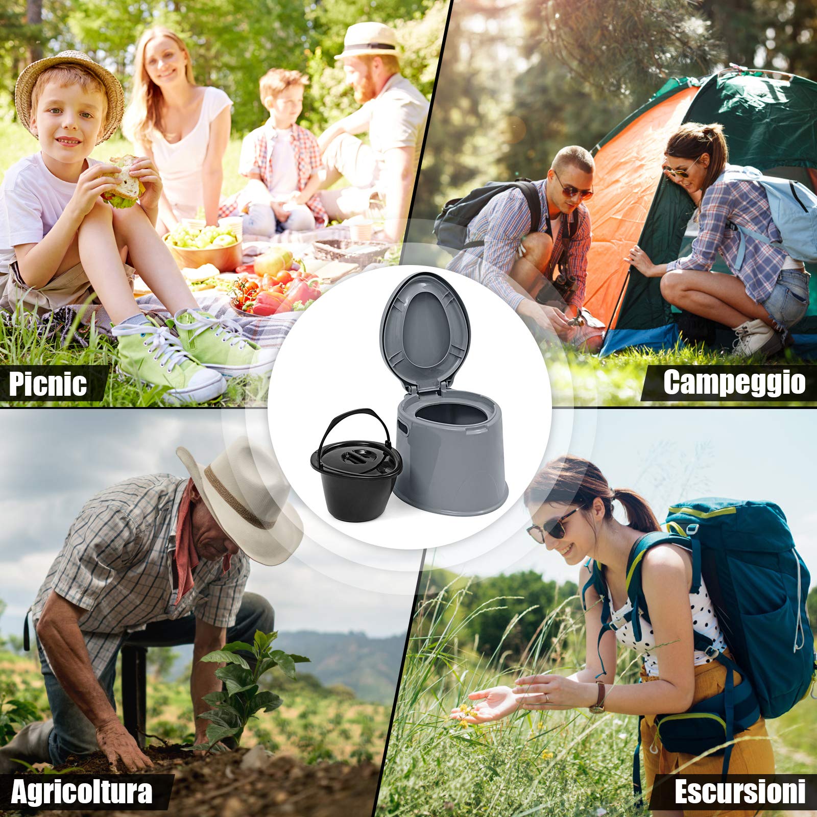 GOPLUS WC Portabile, 5 L, Portata 200 kg, Toilette Portatile con Secchio Contenitore, Toilette da Campeggio e Viaggio, per Anziani, per Donne in Gravidanza, con portarotolo, 49 x 41 x 35 cm